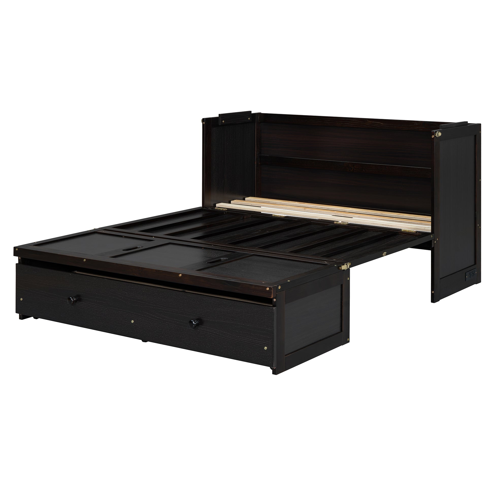 Dark wood twin storage bed frame with pullout drawer