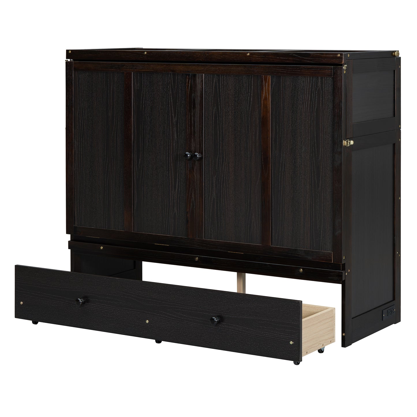 Dark wood Murphy bed cabinet with pullout drawer and brass hardware