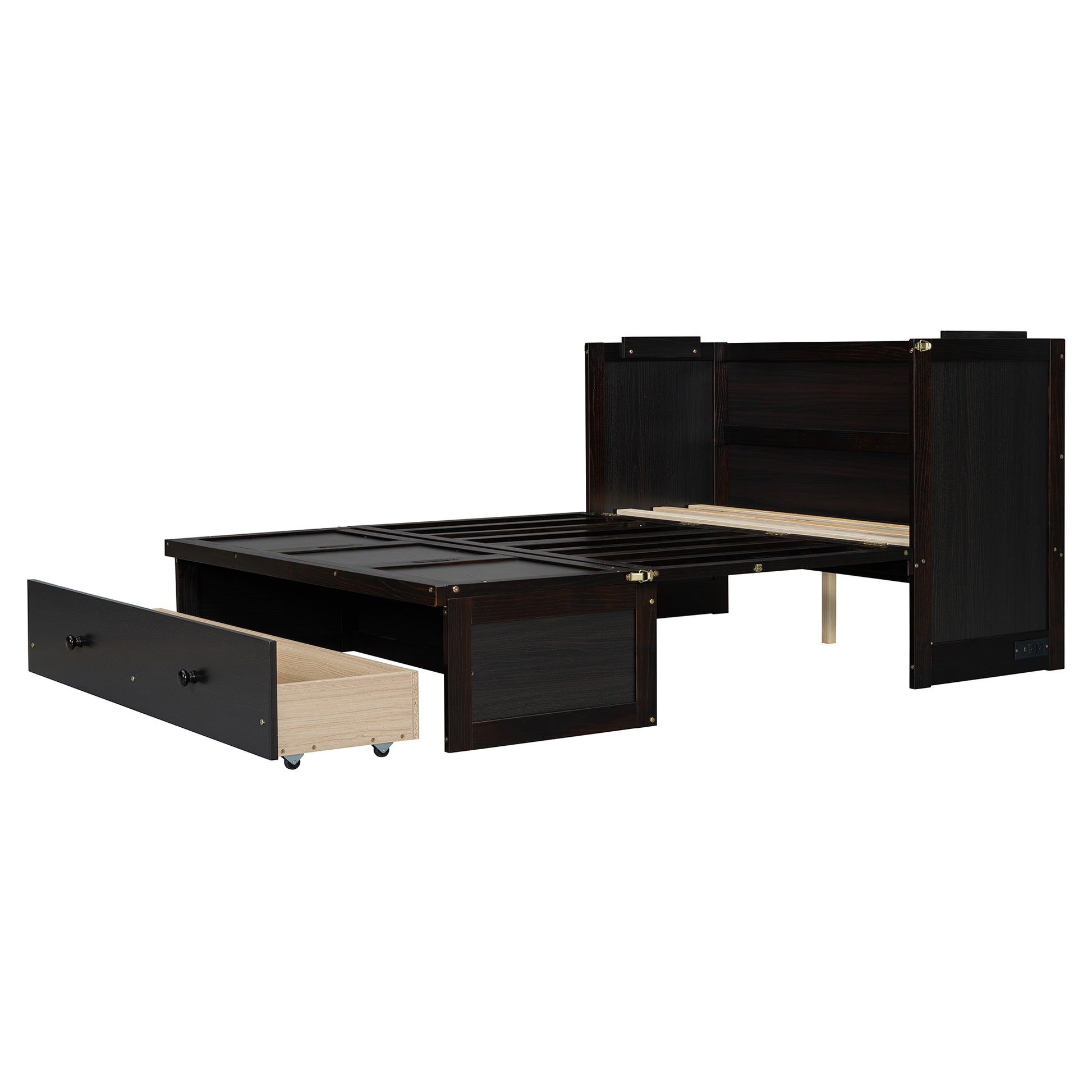 Dark brown twin storage bed frame with one open drawer