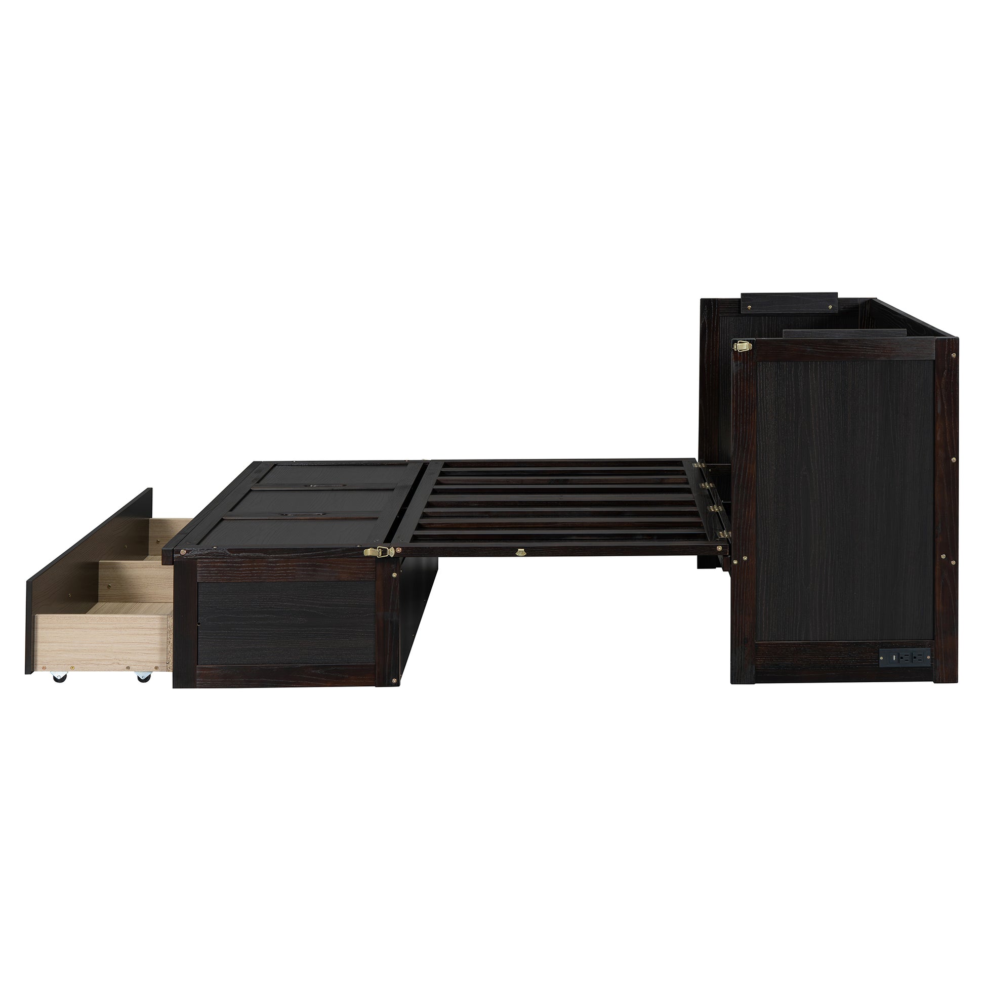 Dark espresso wooden daybed with extended slats and pullout drawer