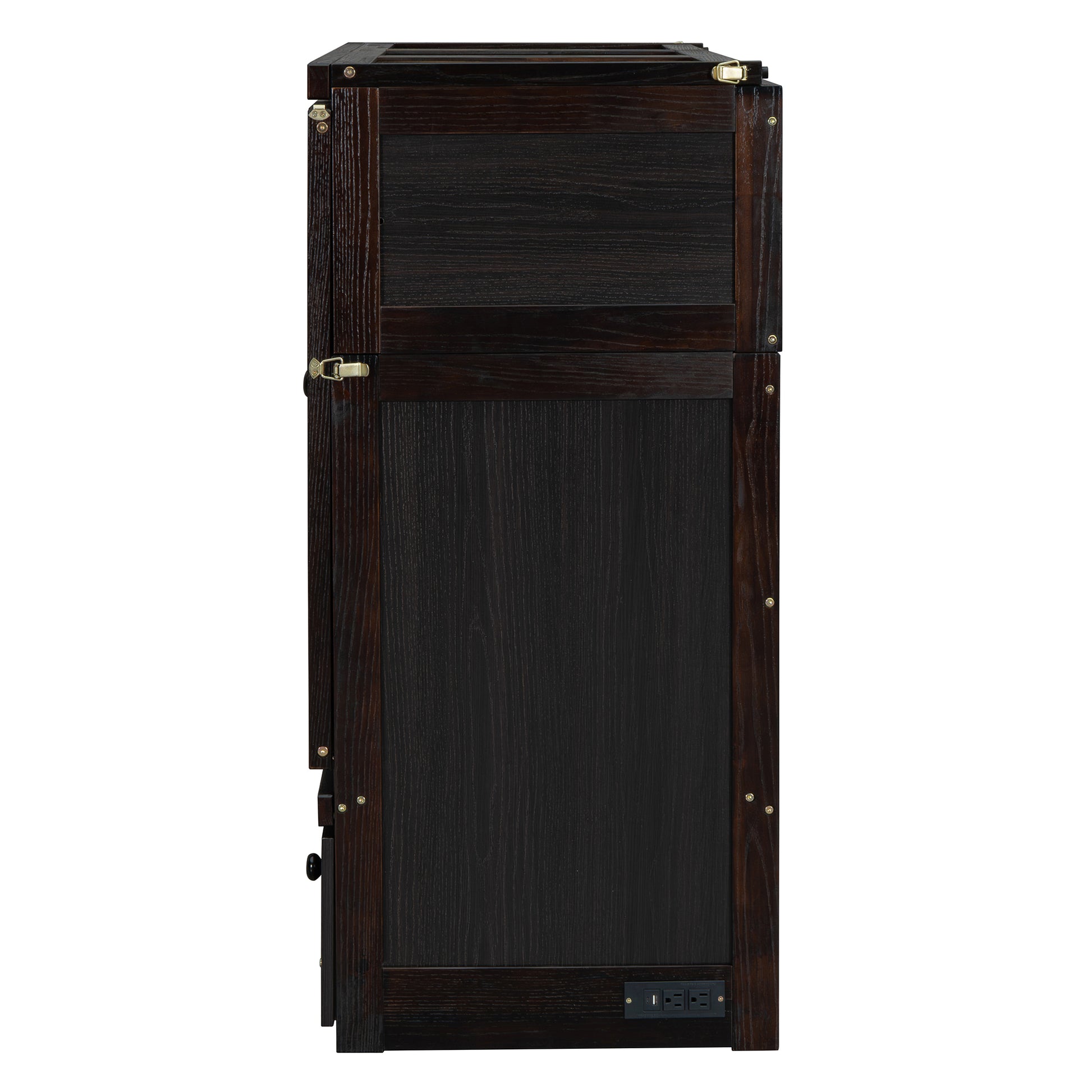 Dark wood side table with brass latch detail