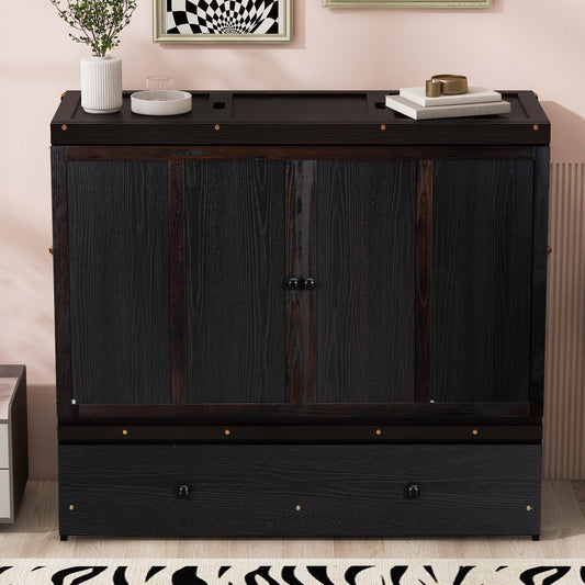 Black wood media console with two doors and a drawer
