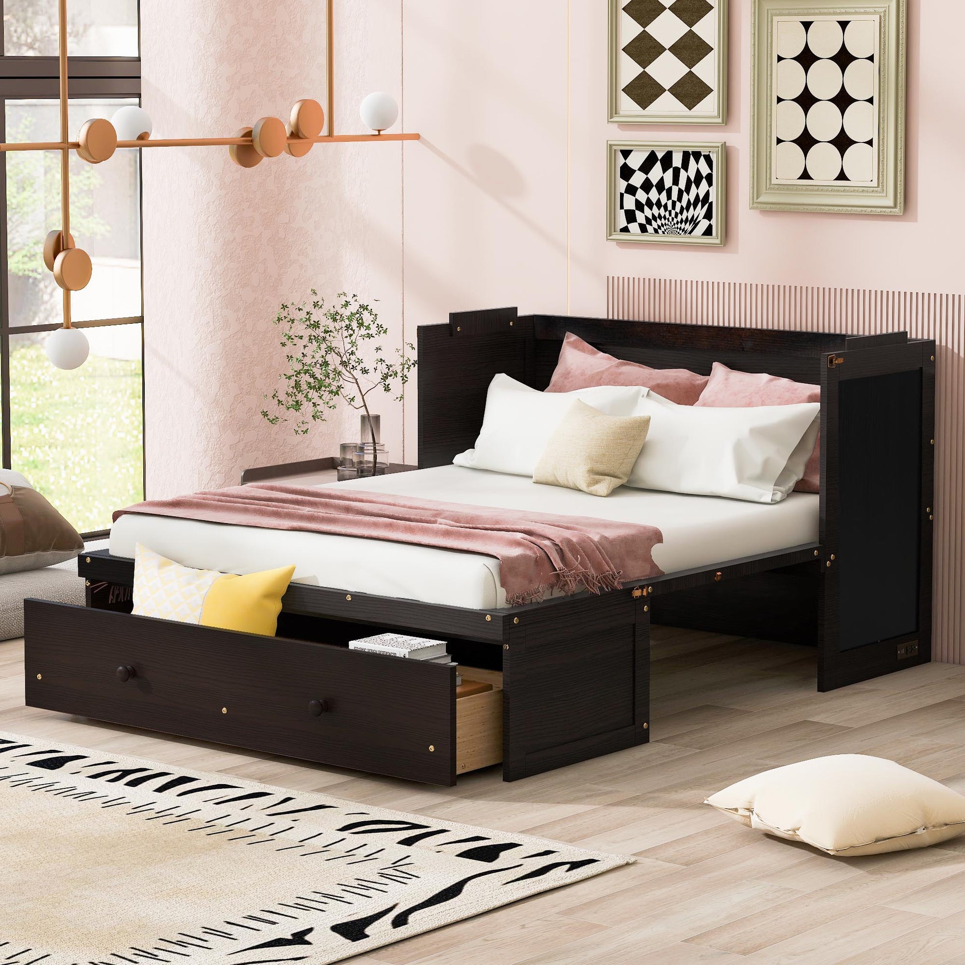 Dark wood daybed with pullout trundle and builtin storage drawers