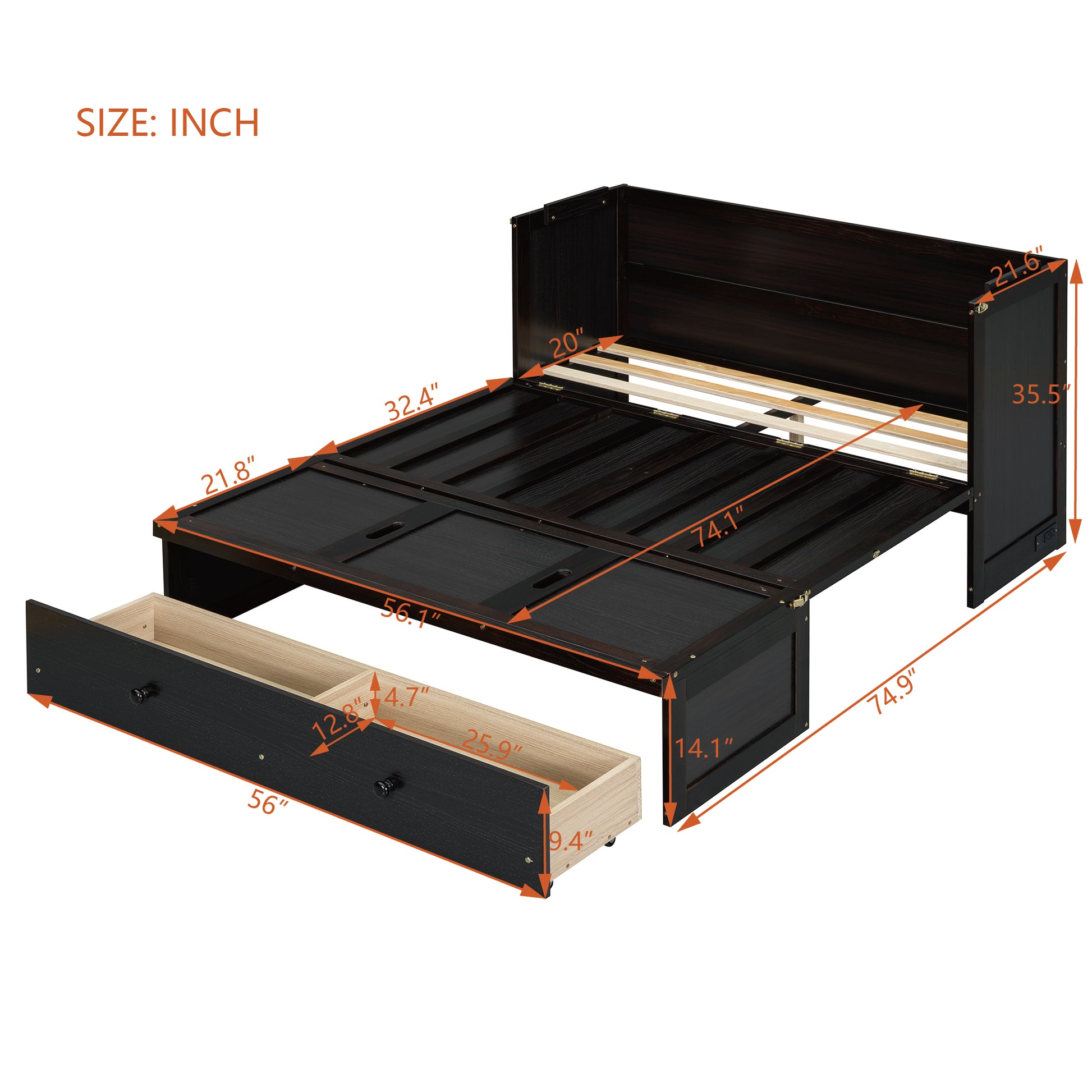 Dark brown wood daybed with pullout trundle drawer and storage