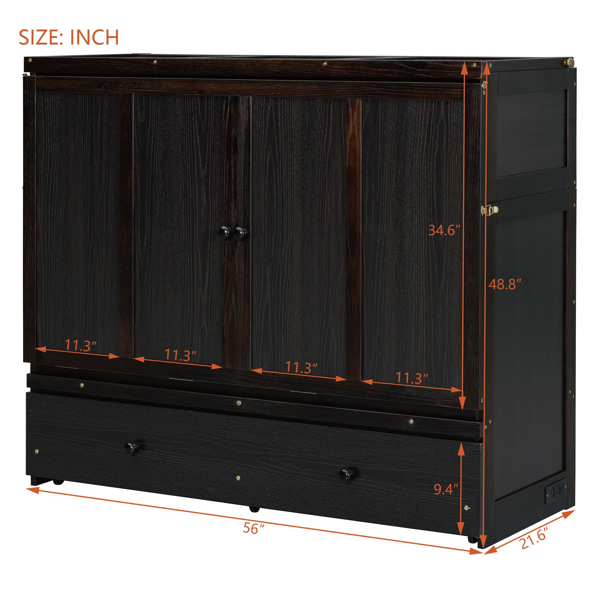 Dark brown wood murphy bed cabinet with two drawers
