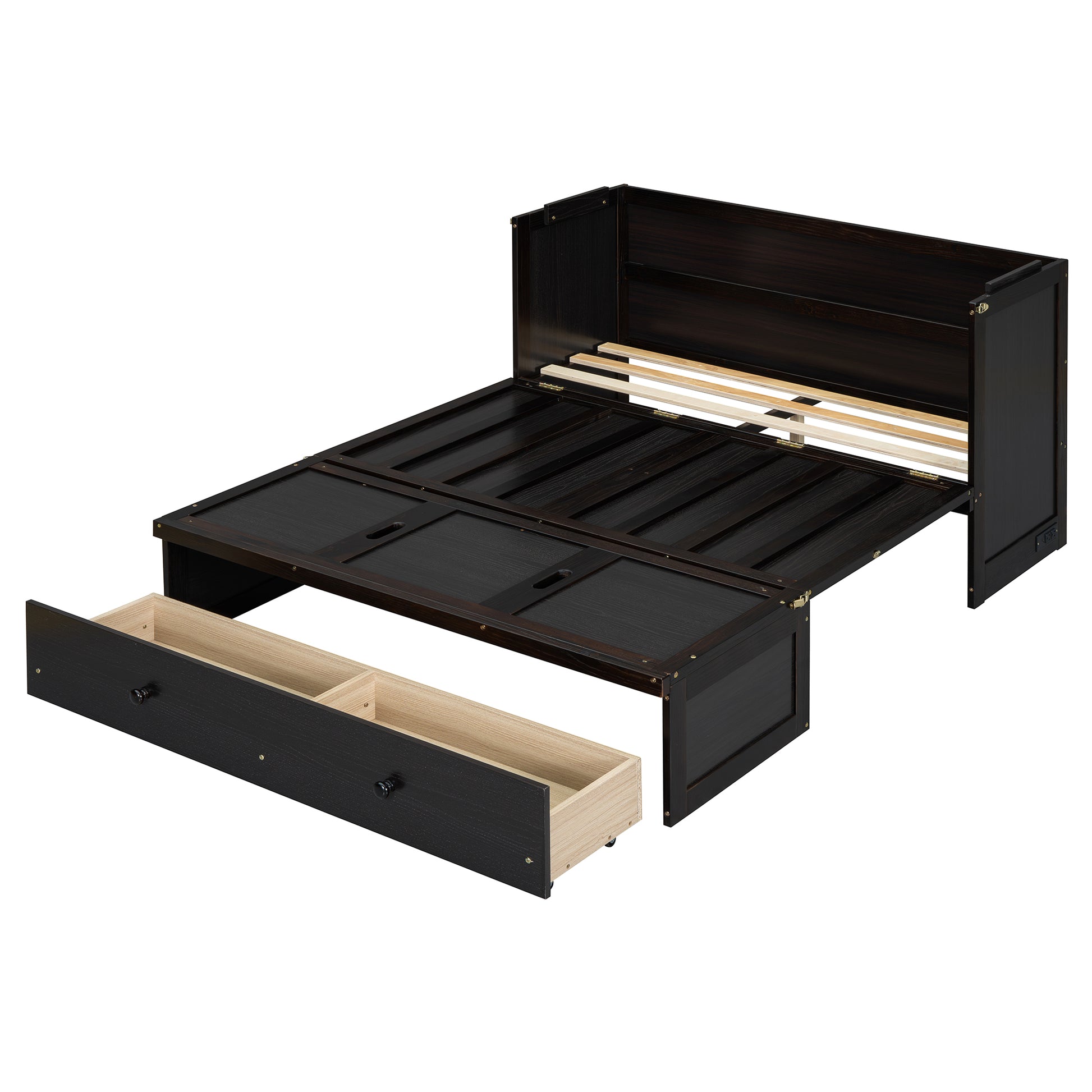 Dark brown twin bed frame with pullout trundle drawer and storage compartments