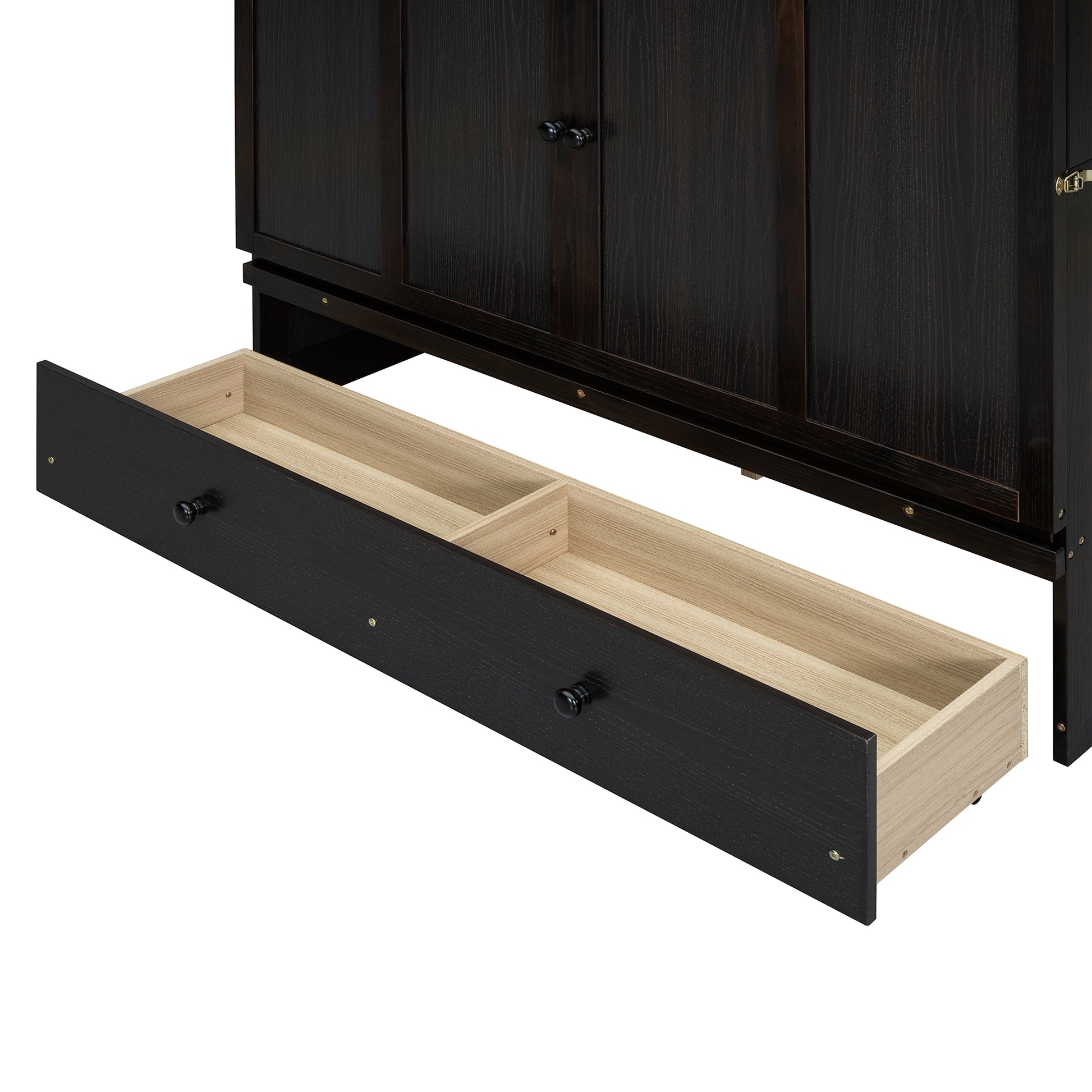 Dark oak dresser with open drawer revealing divided storage