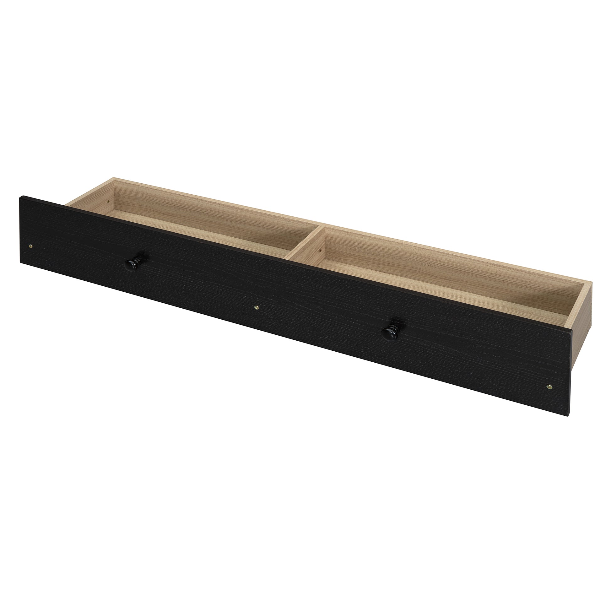 Black wood grain storage drawer with a single black knob and divided interior