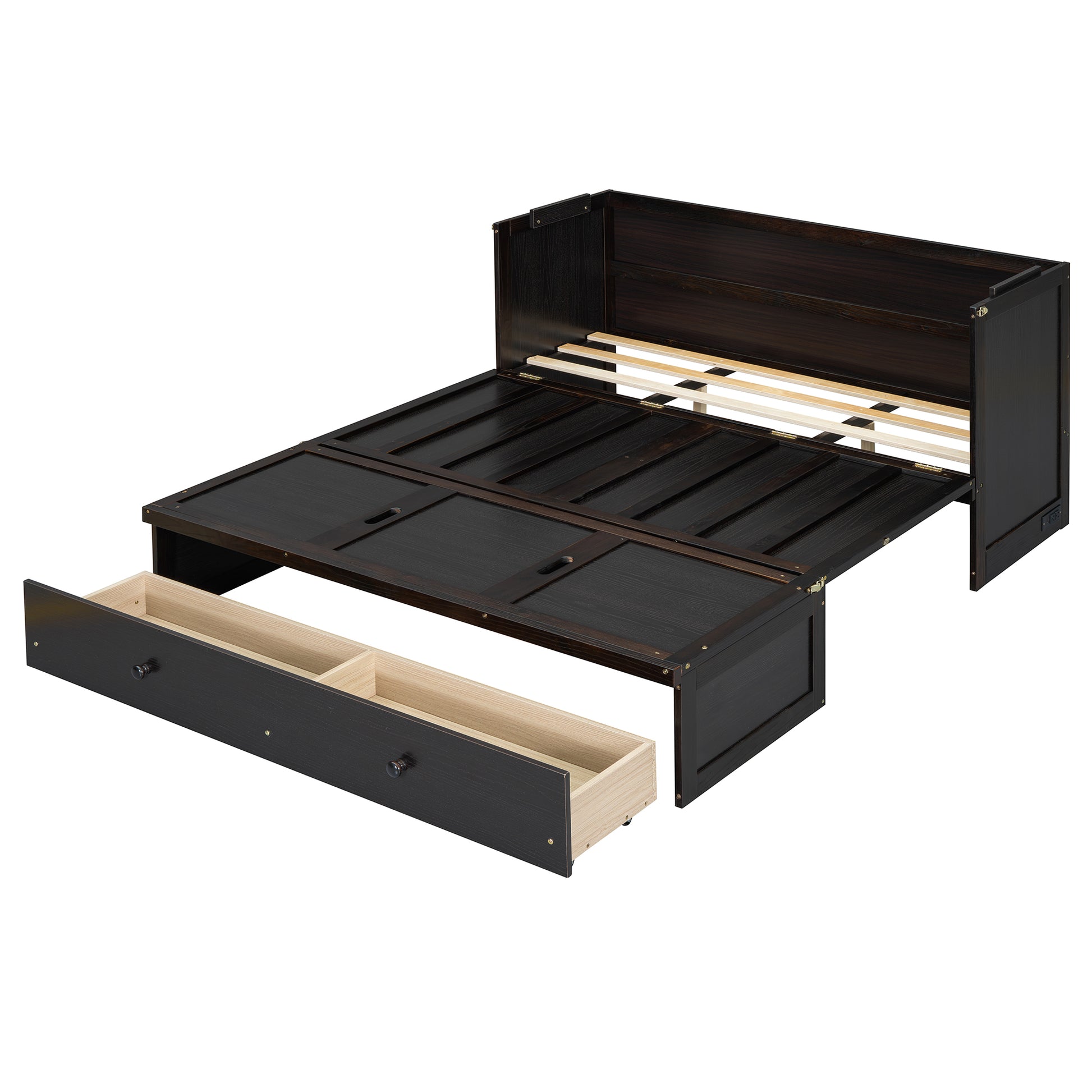 Dark wood daybed with pullout trundle drawer and slatted base