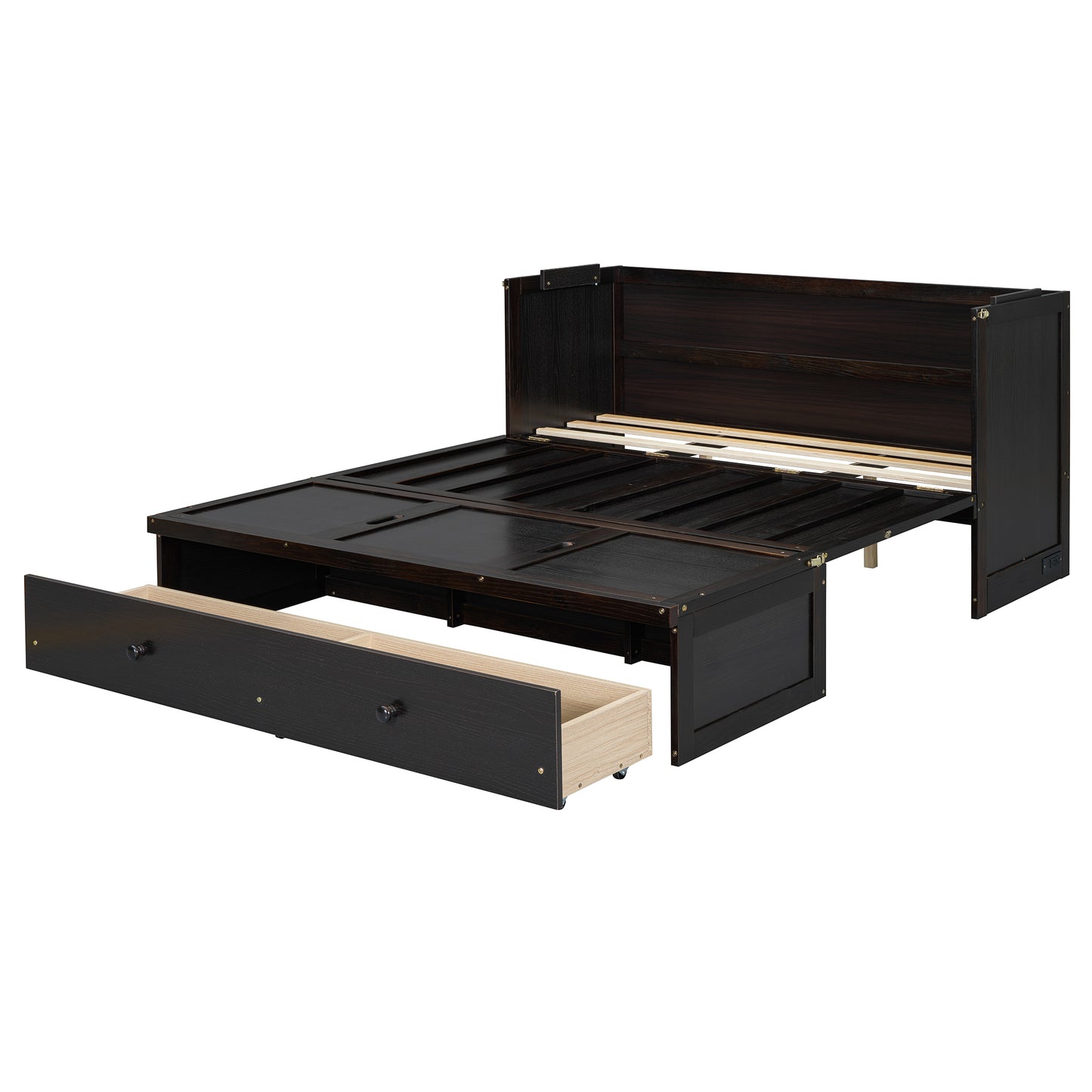 Dark wood daybed with pullout trundle drawer and slatted mattress support