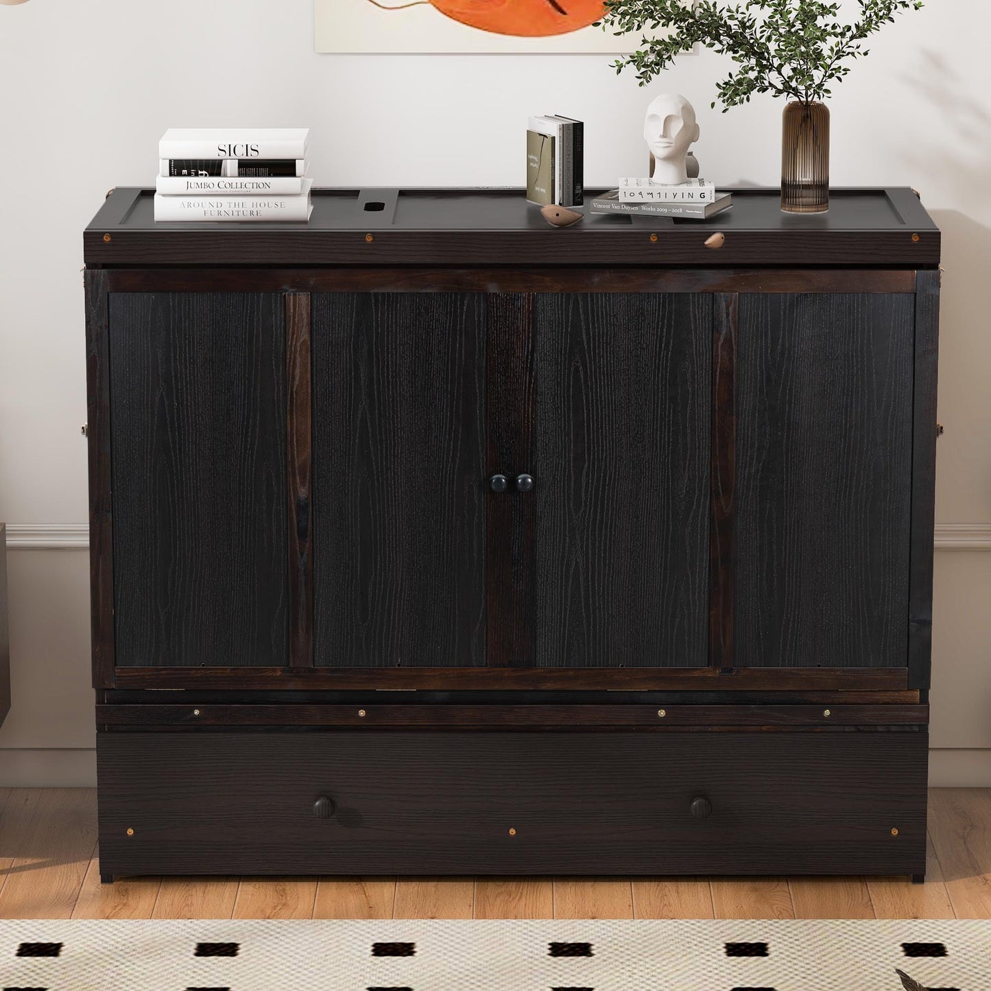 Dark wood murphy bed cabinet with double doors and single drawer