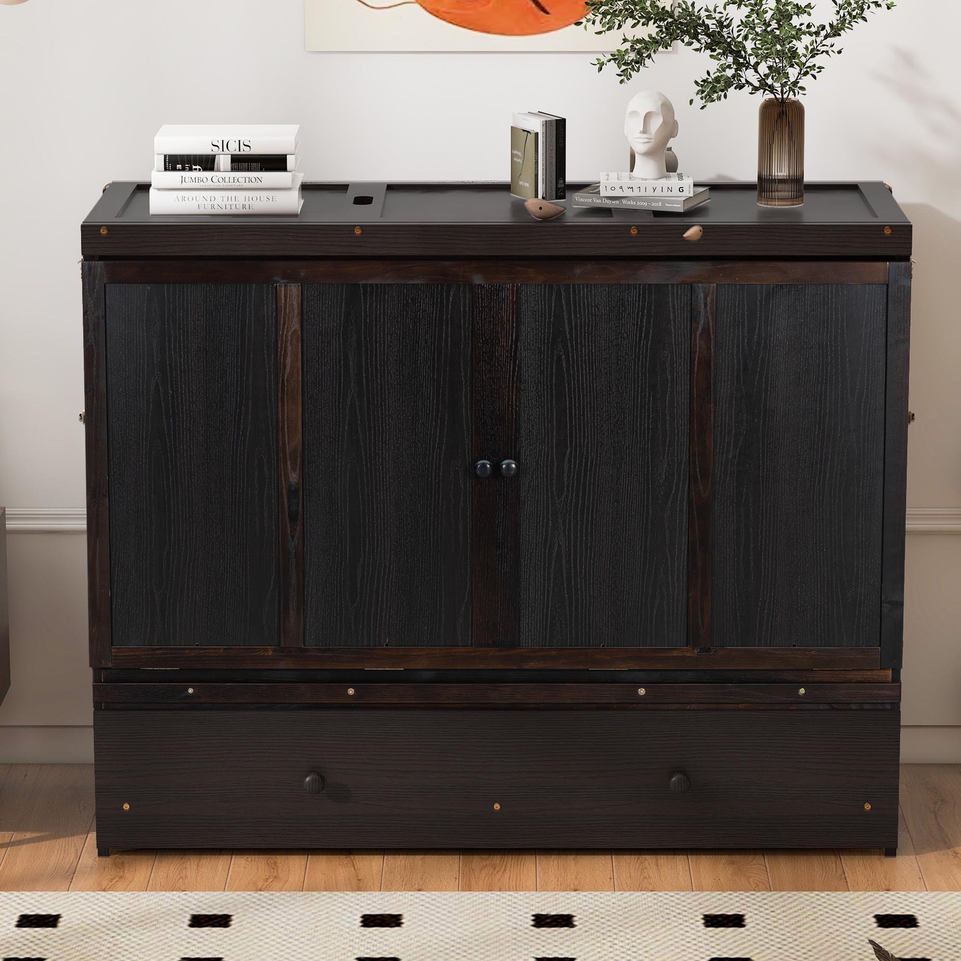 Dark wood murphy bed cabinet with double doors and single drawer