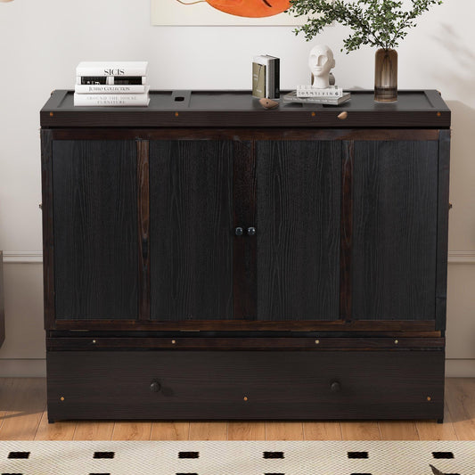 Dark wood murphy bed cabinet with double doors and single drawer