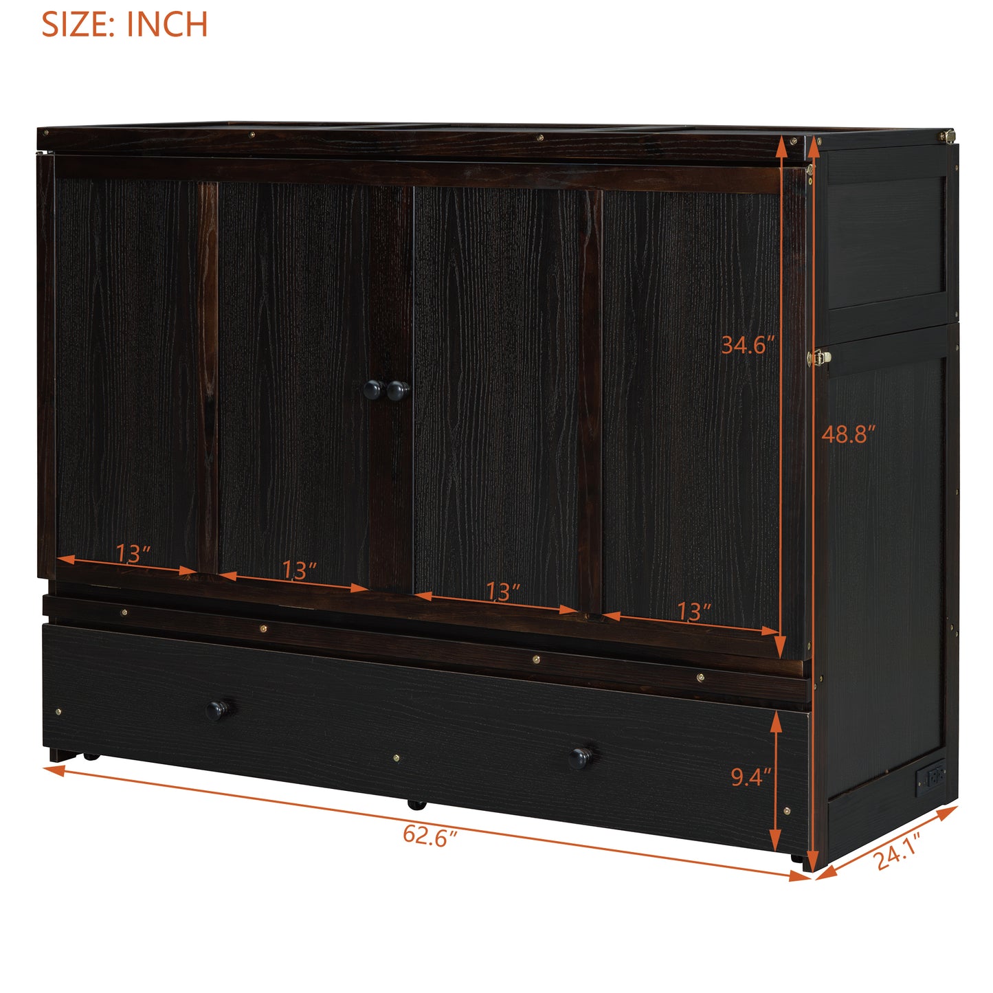 Dark wood Murphy bed with drawers and storage cabinets