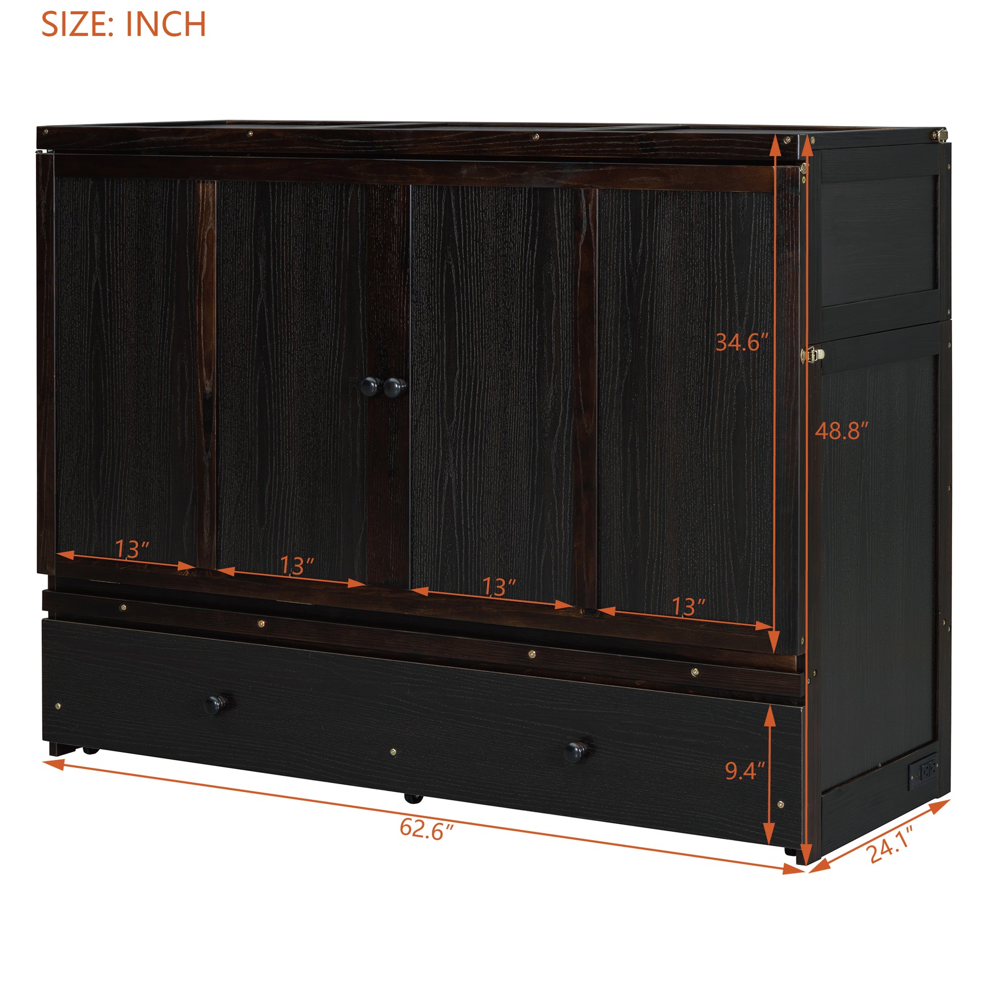 Dark wood Murphy bed with drawers and storage cabinets