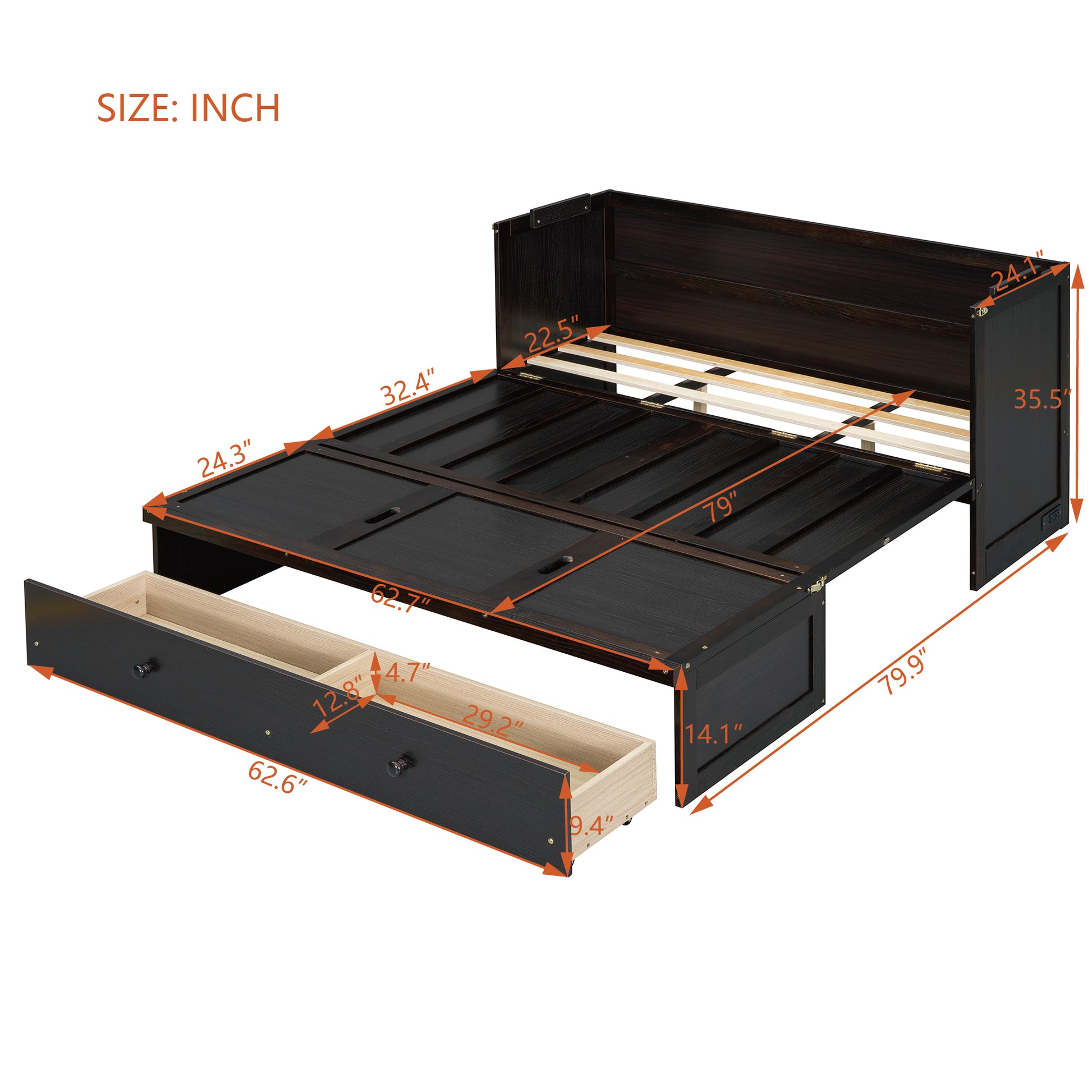 Dark brown wooden daybed with two pullout drawers