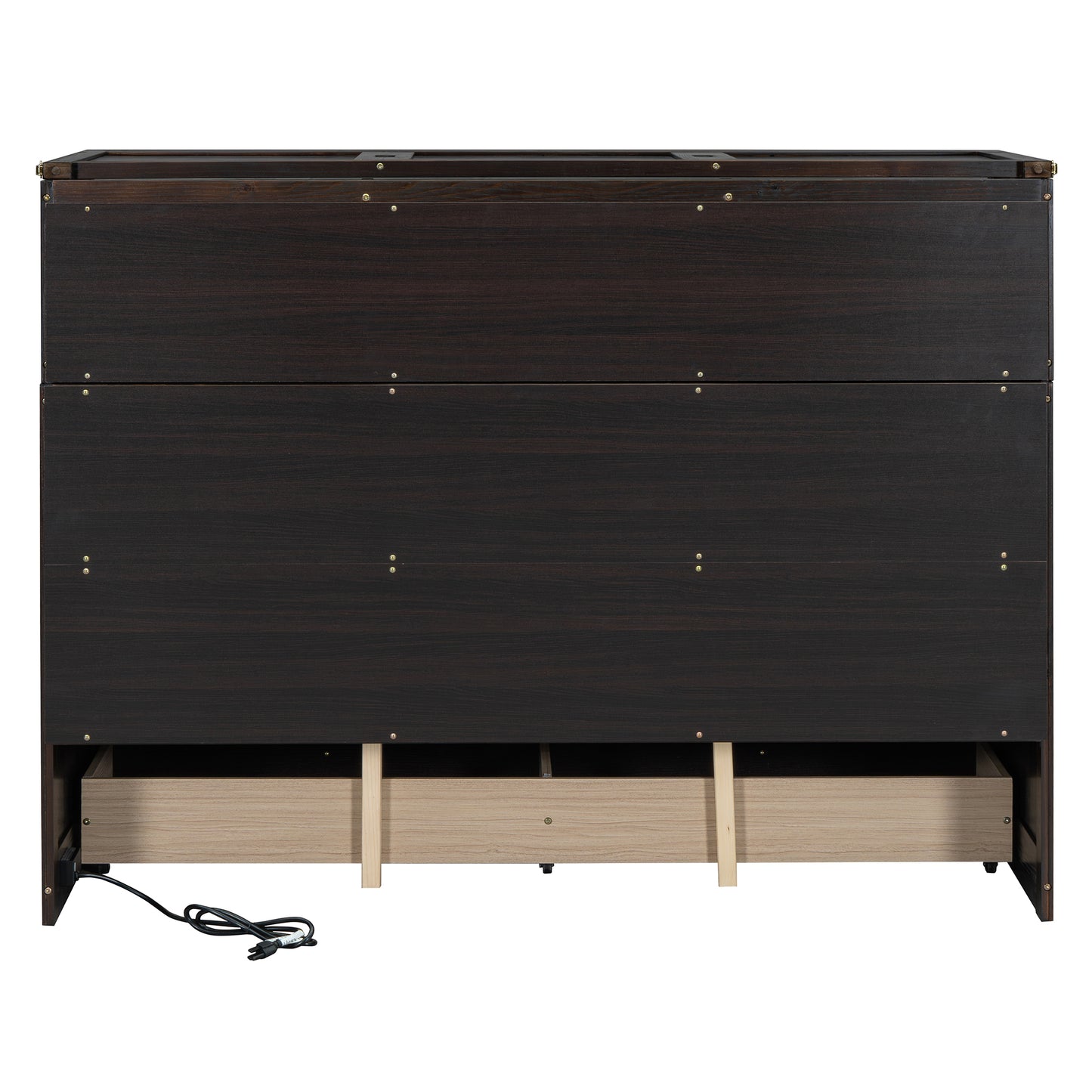 Dark wood dresser with brass accents and three open drawers