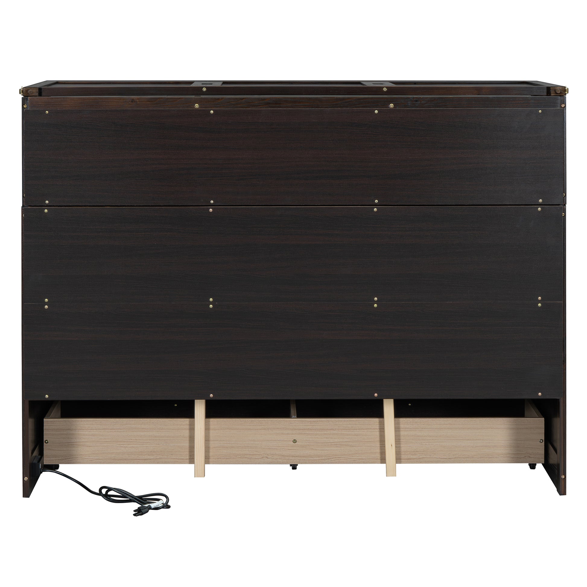 Dark wood dresser with brass accents and three open drawers