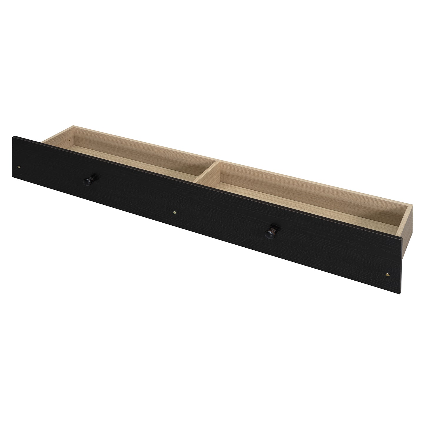 Black wood grain drawer with two compartments and dark knob