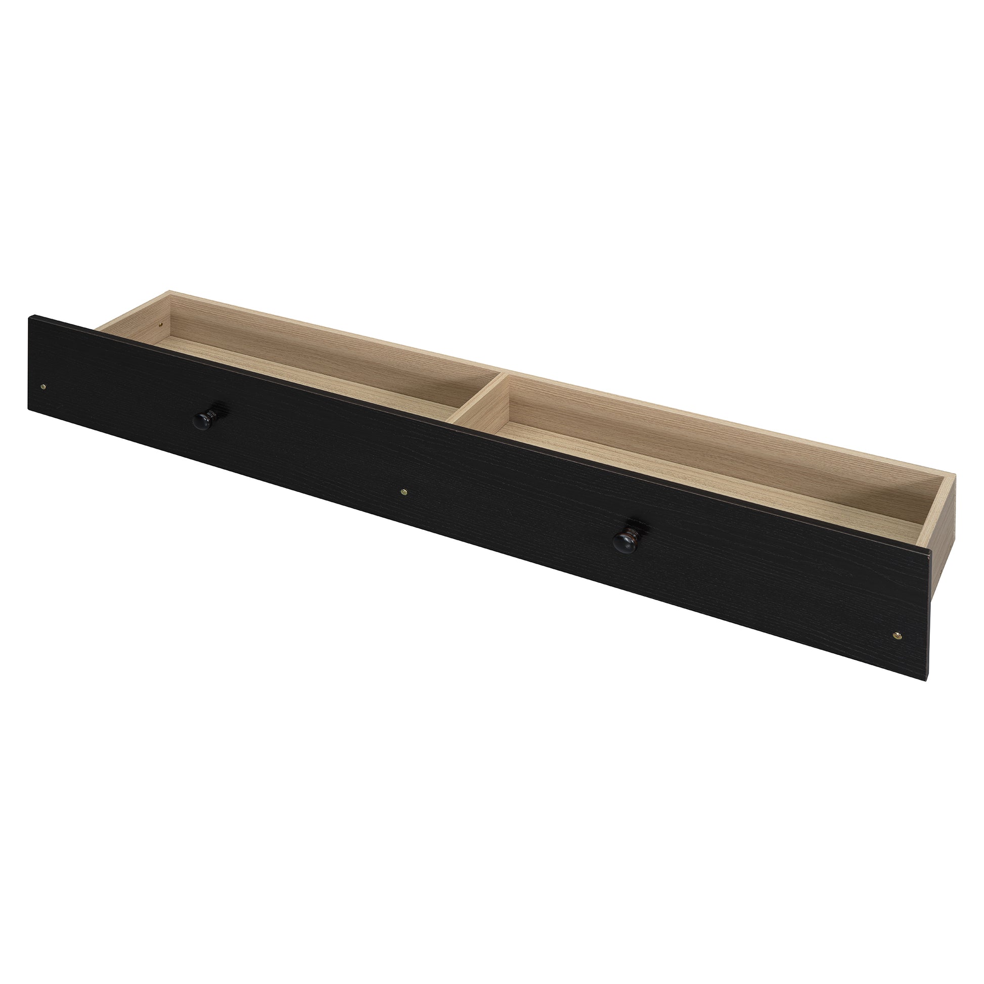 Black wood grain drawer with two compartments and dark knob