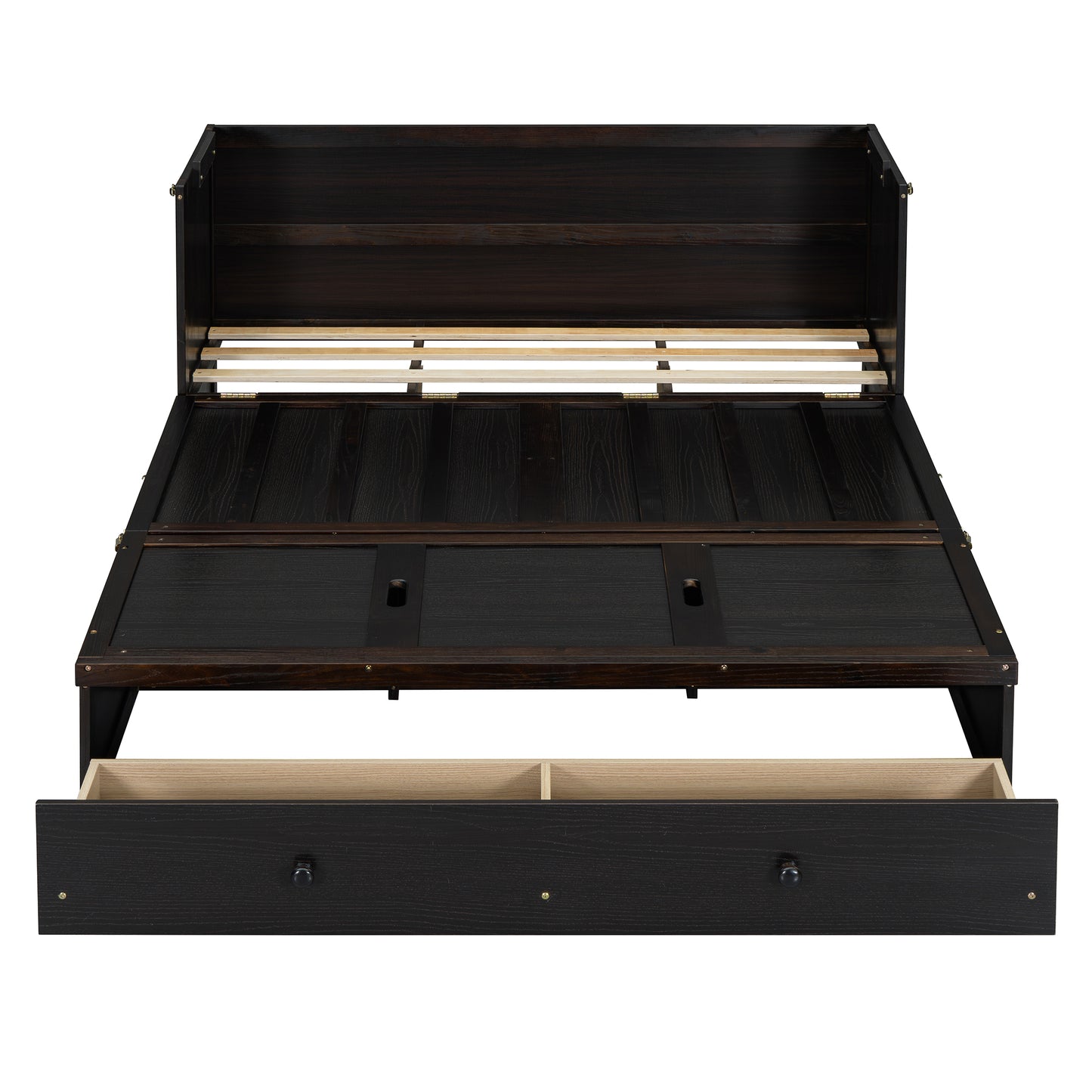 Dark espresso wood bed frame with open storage drawer