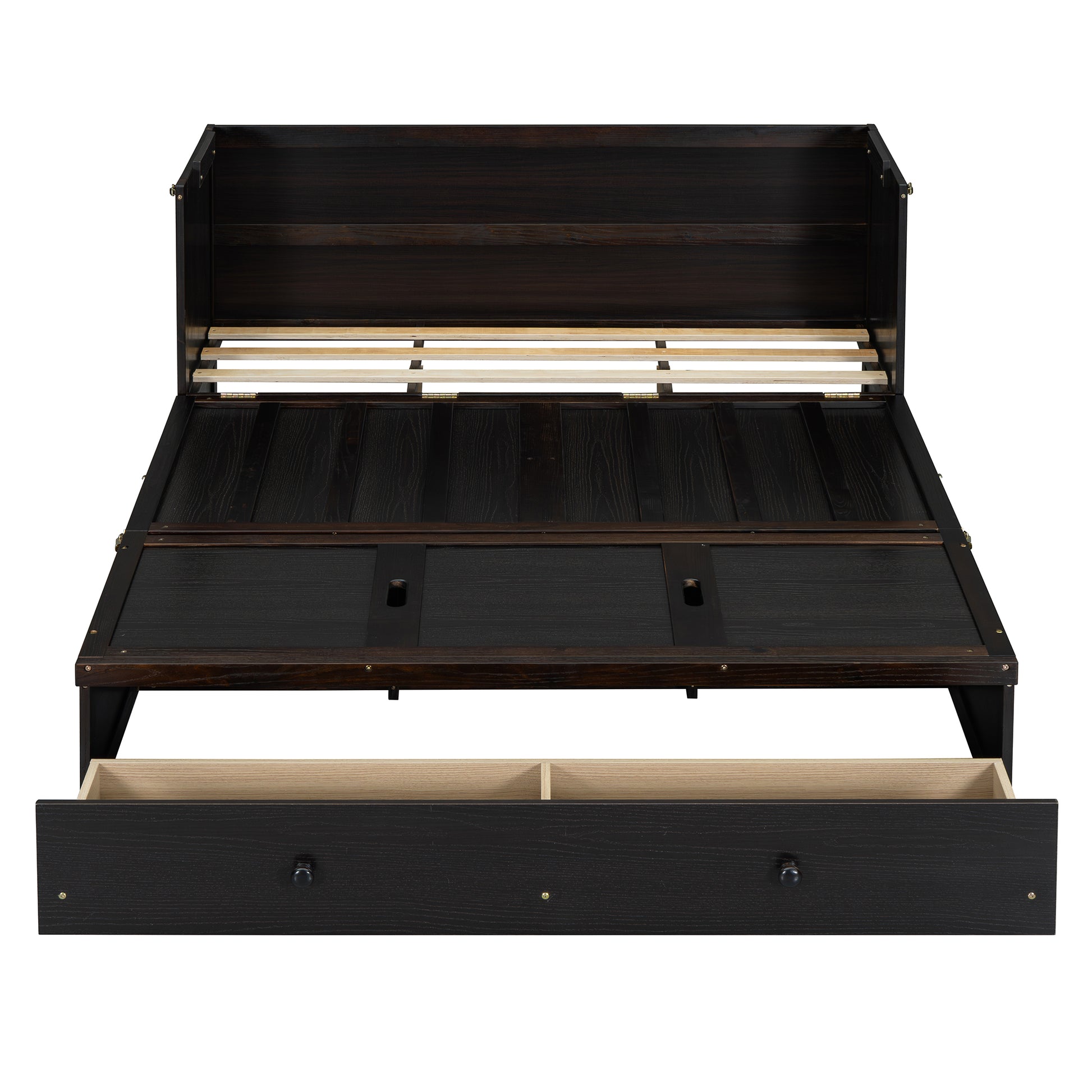 Dark espresso wood bed frame with open storage drawer