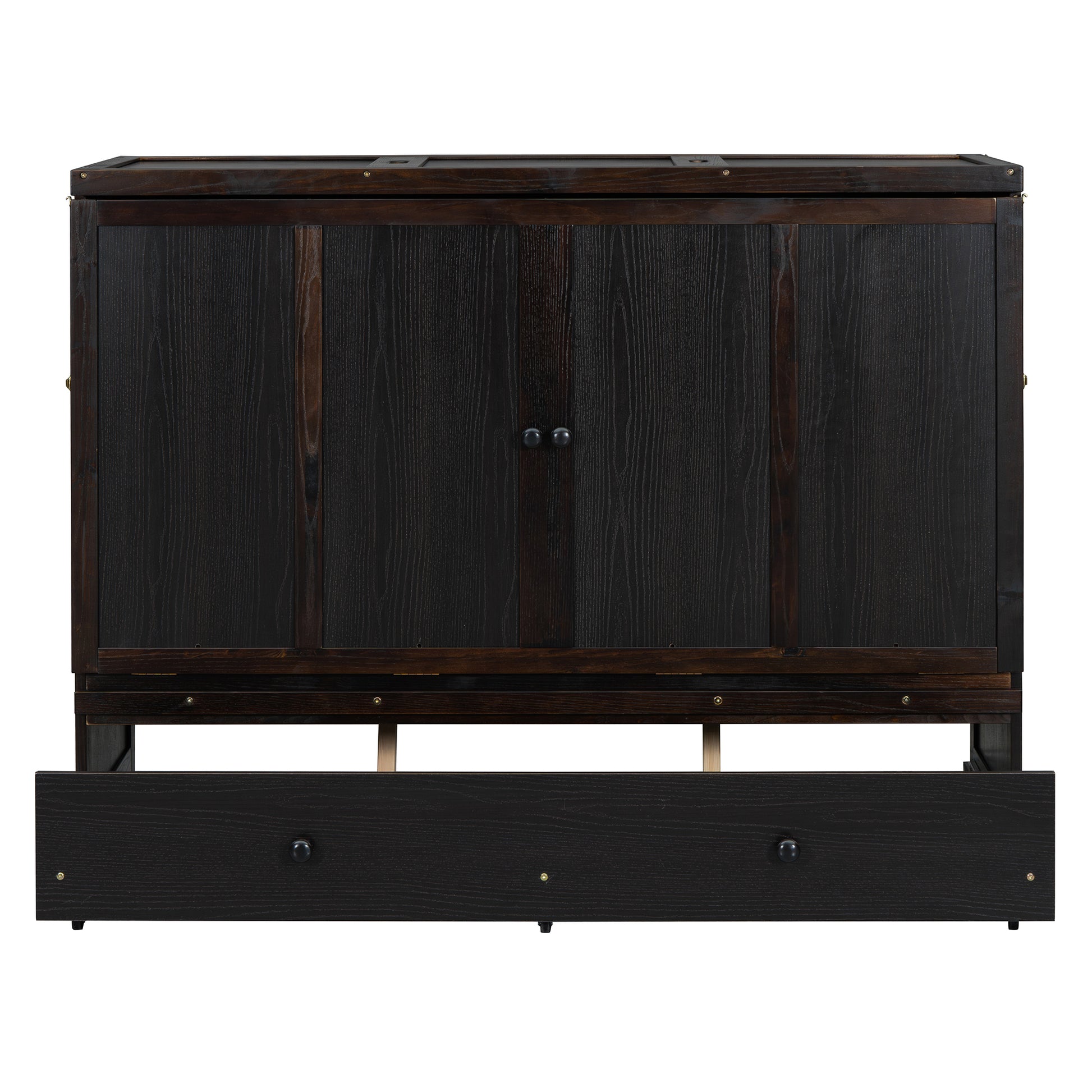 Dark wood storage chest with metallic accents and front drawer