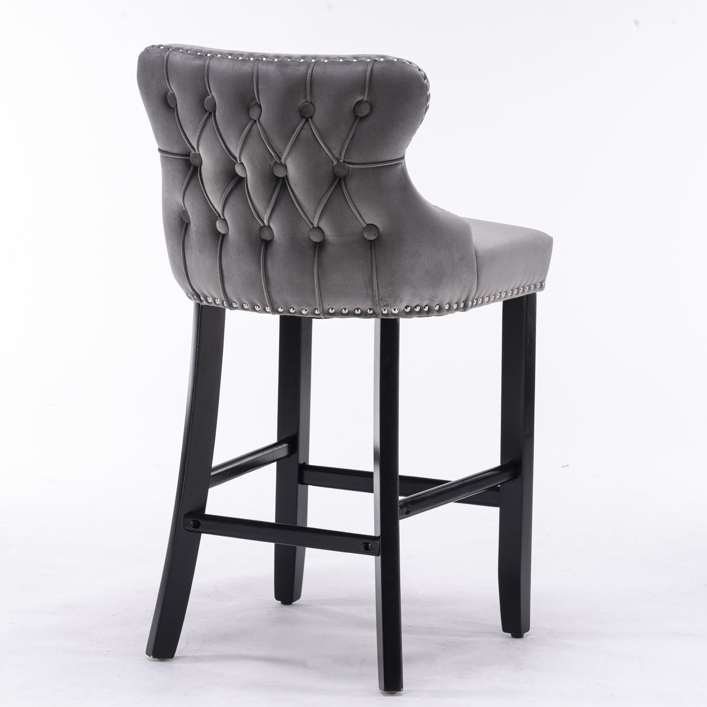 Grey velvet tufted bar stool with silver nailhead trim