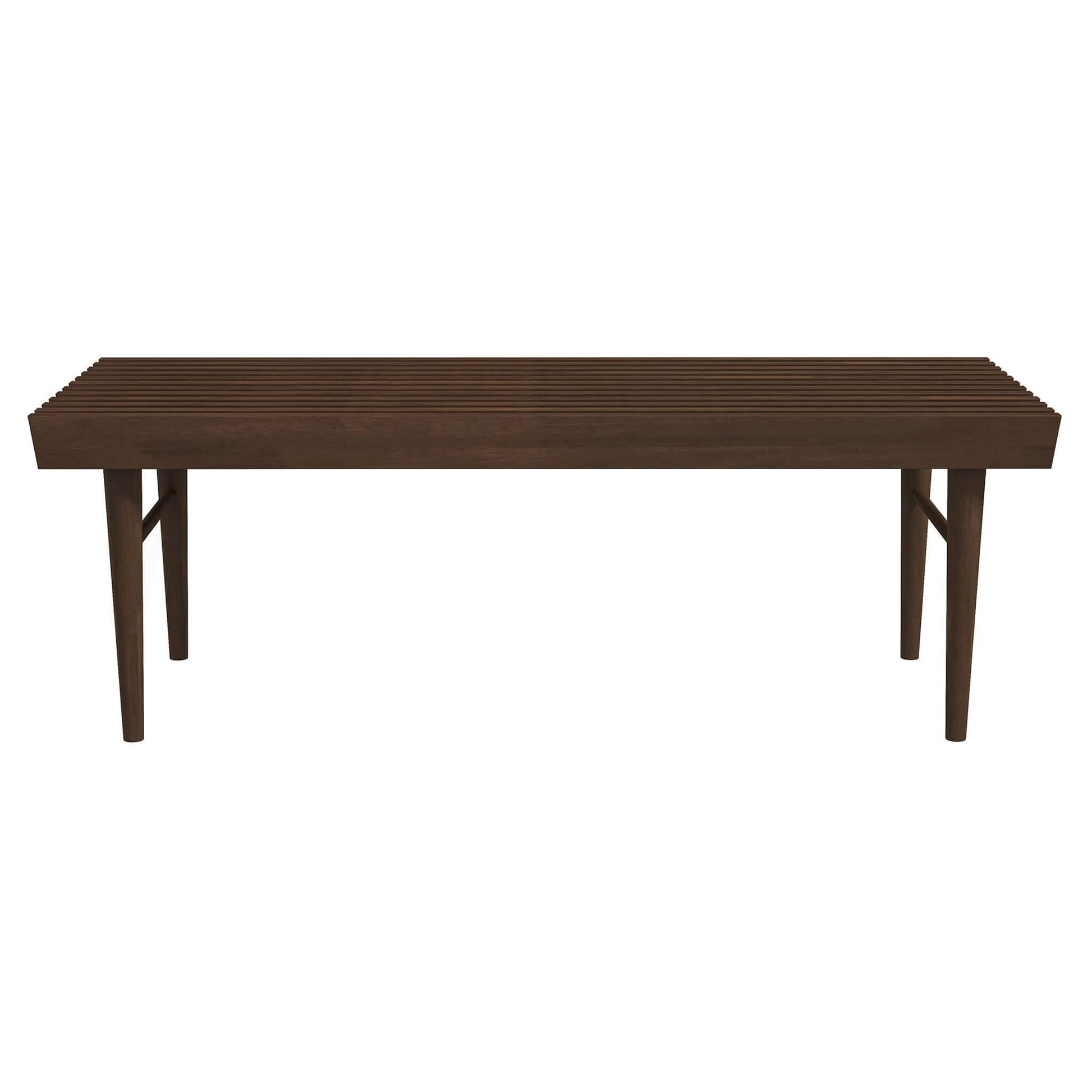 Dark wood slatted bench with tapered legs