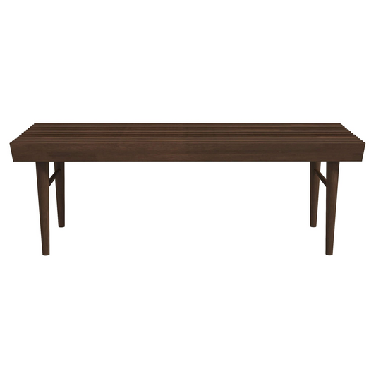 Dark wood slatted bench with tapered legs