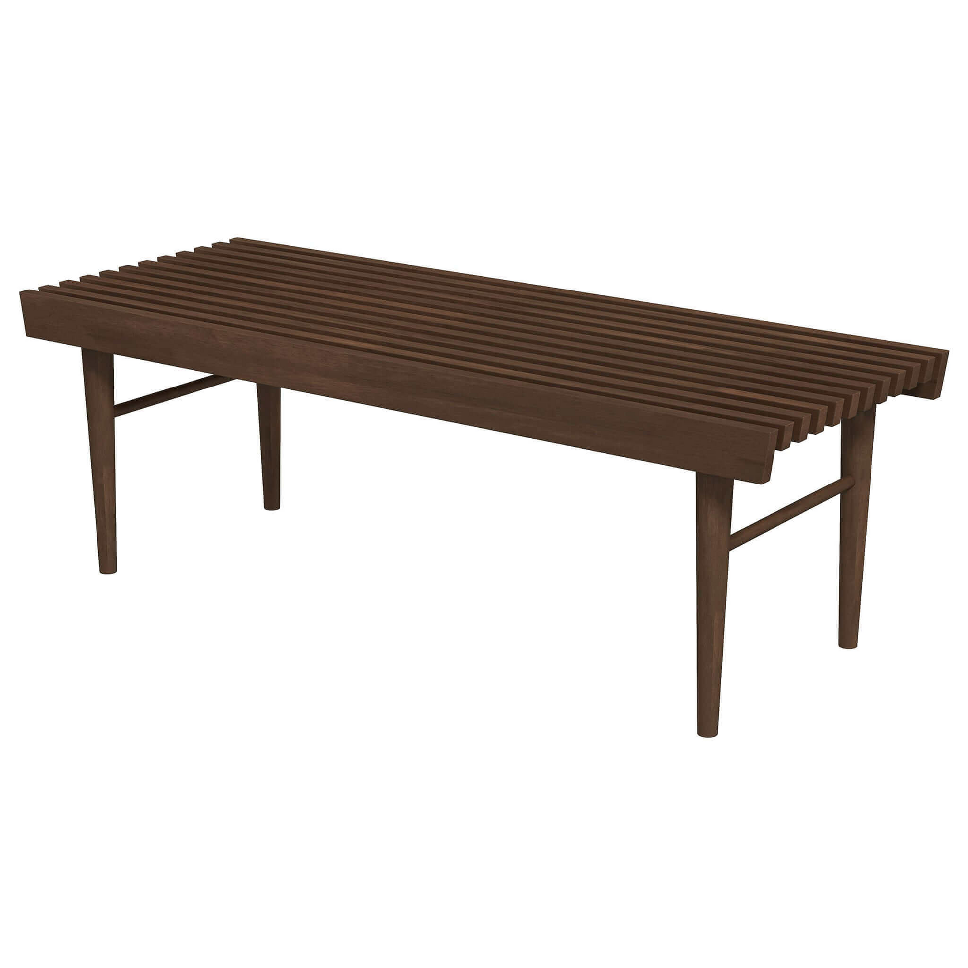 Dark brown slatted wood bench with tapered legs