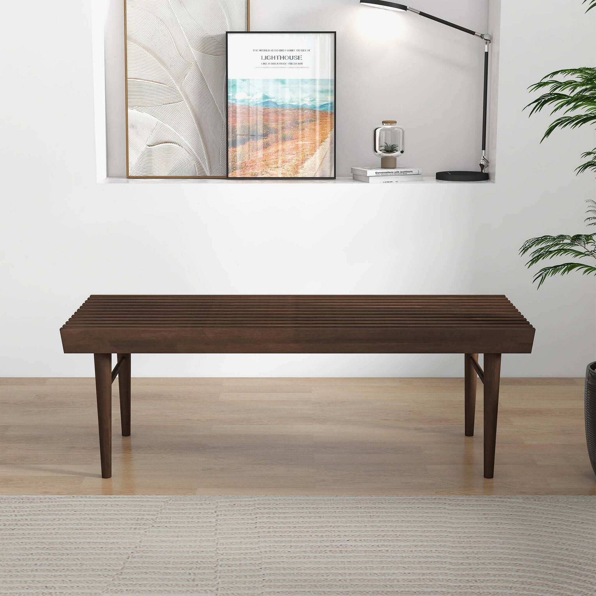 Dark wood slatted bench with tapered legs perfect for entryways or living rooms