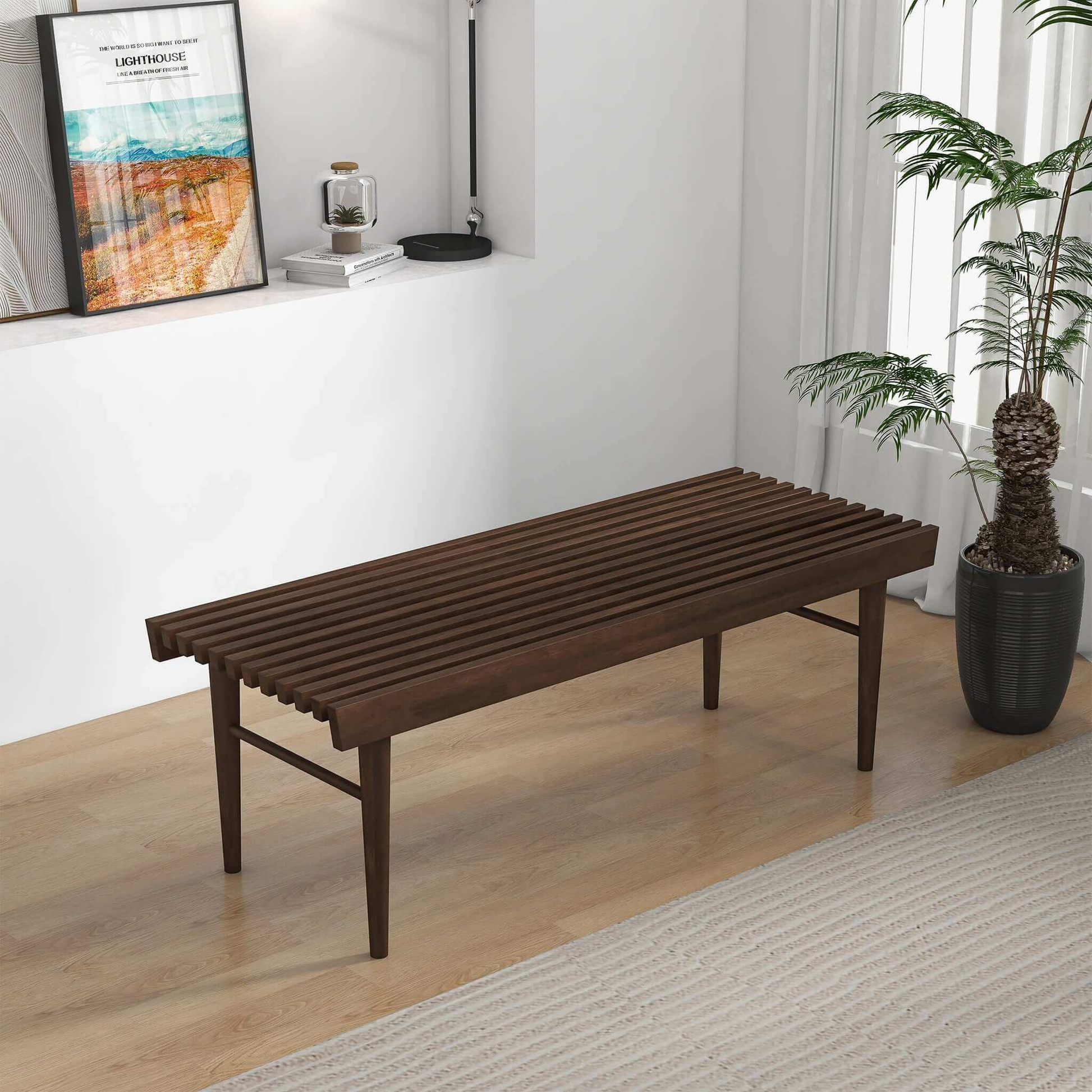 Dark wood slatted bench with midcentury modern design