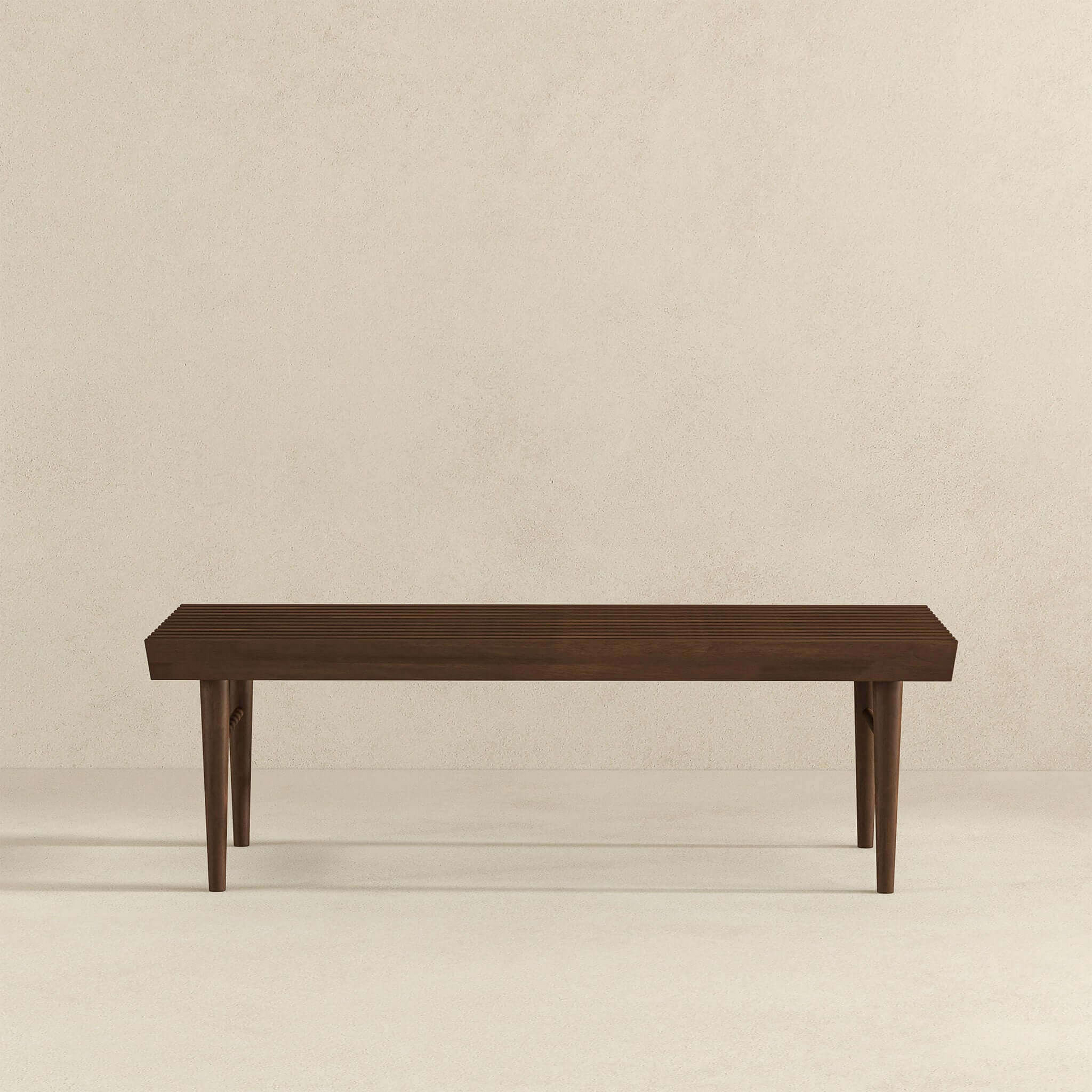 Dark wood slatted bench with tapered legs
