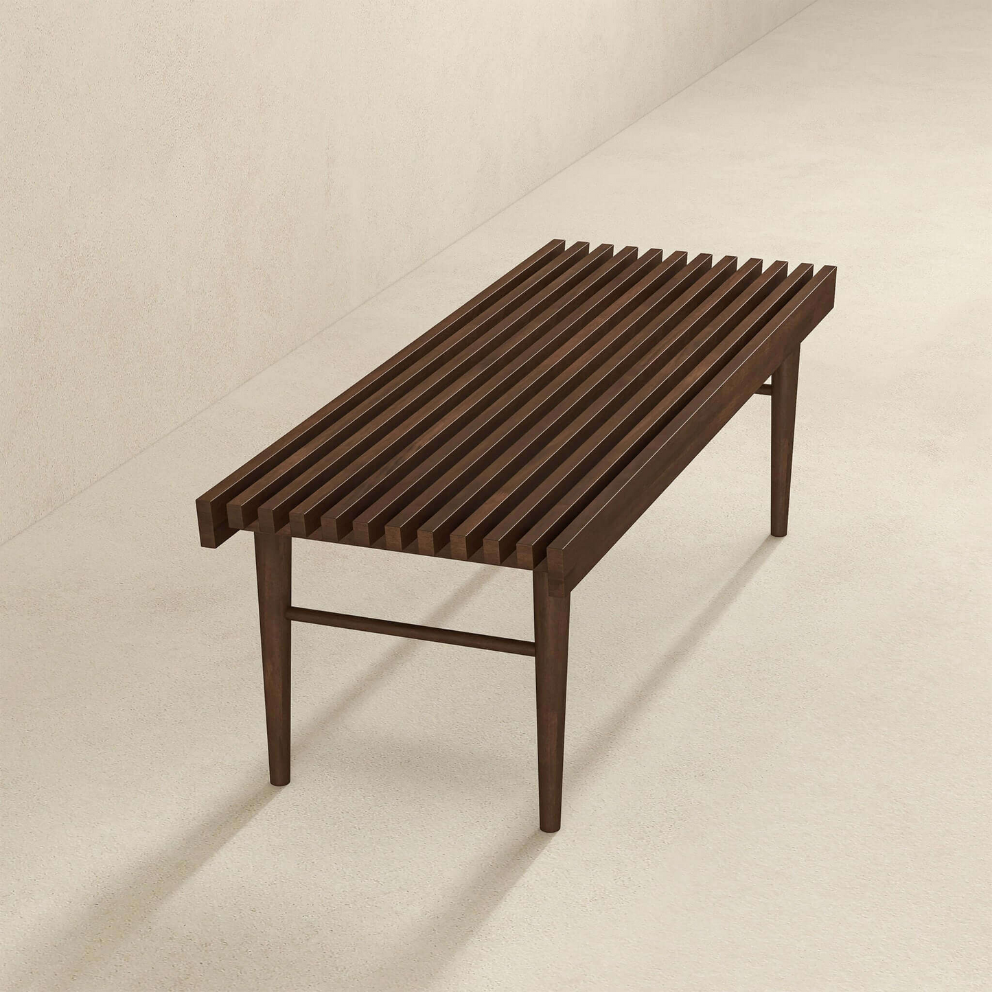 Dark walnut slatted bench with tapered legs midcentury modern style accent chair