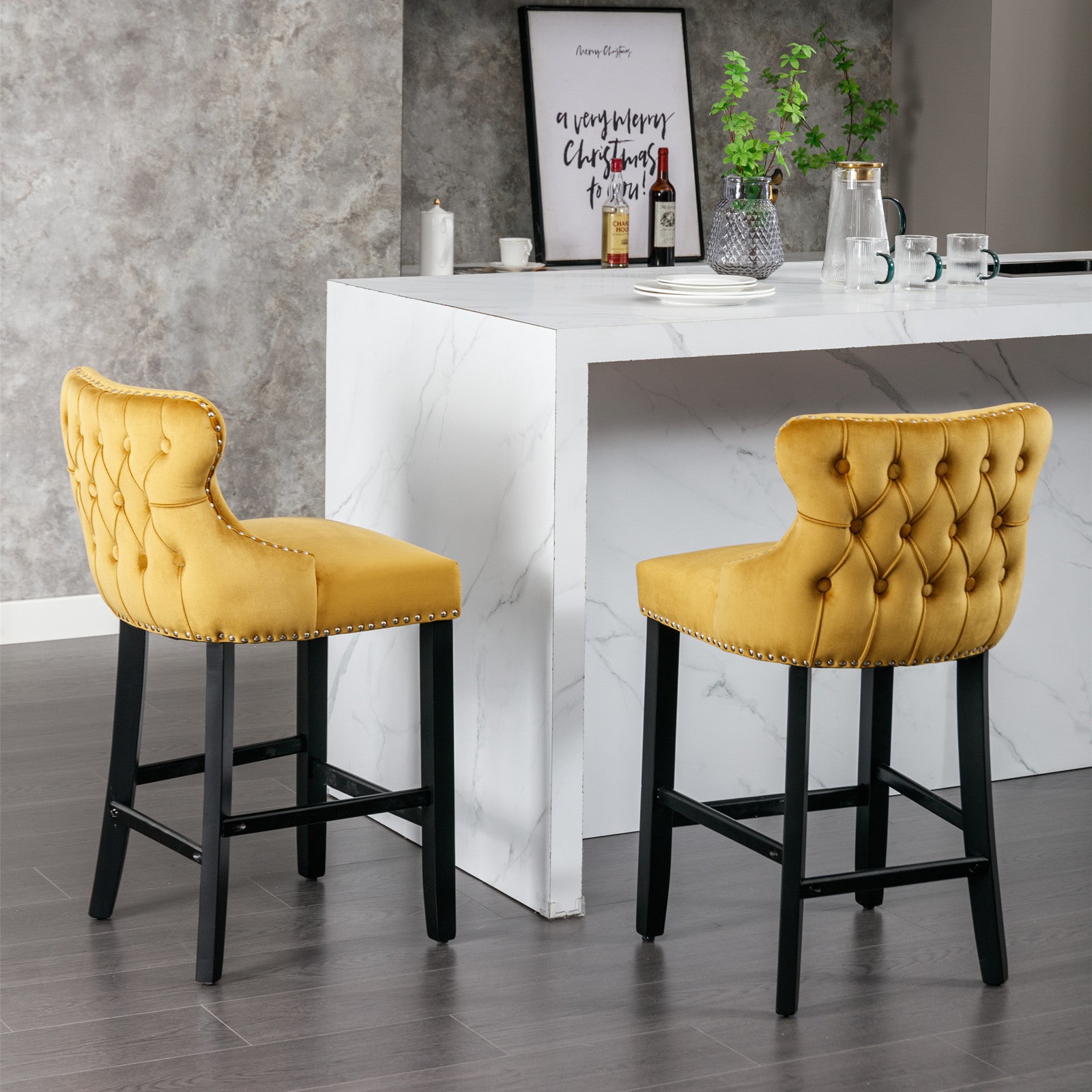 Yellow velvet bar stool with tufted back and silver nailhead trim modern kitchen seating