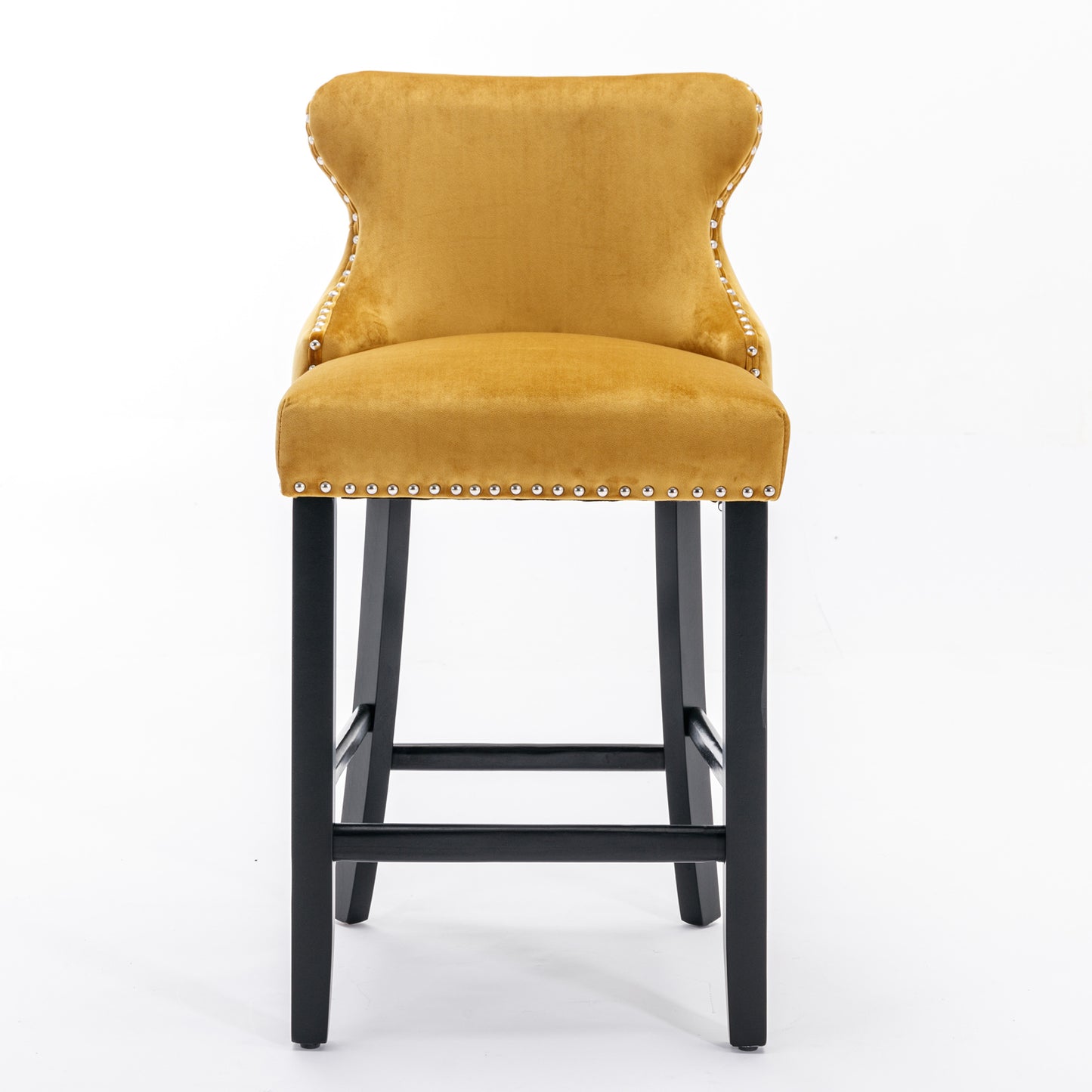Yellow velvet bar stool with silver nailhead trim and black wooden legs