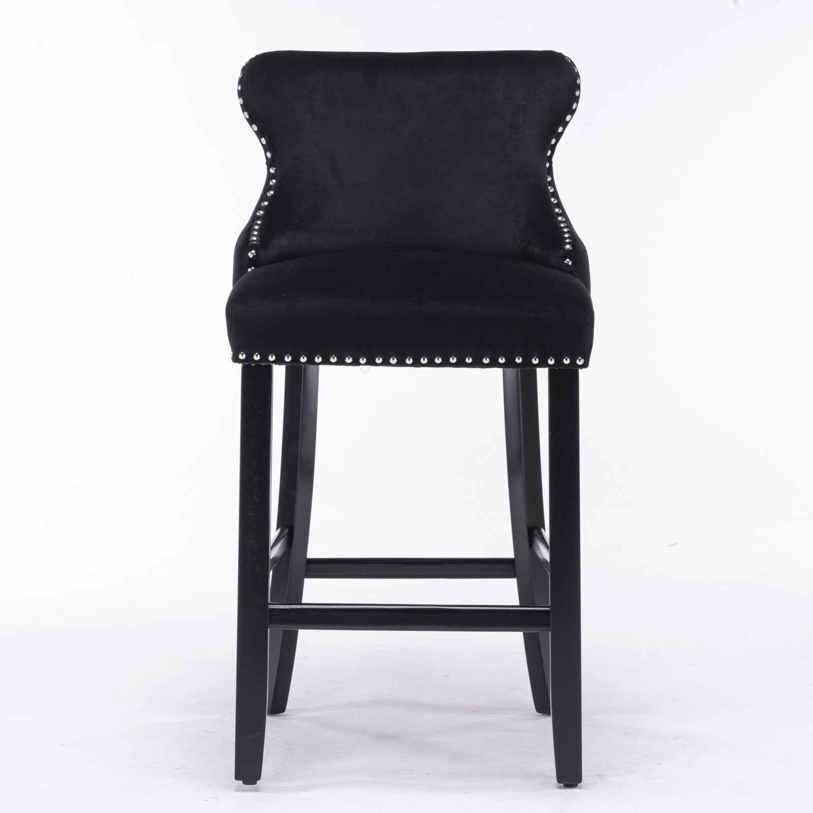 Black velvet bar stool with silver stud trim and dark wood legs