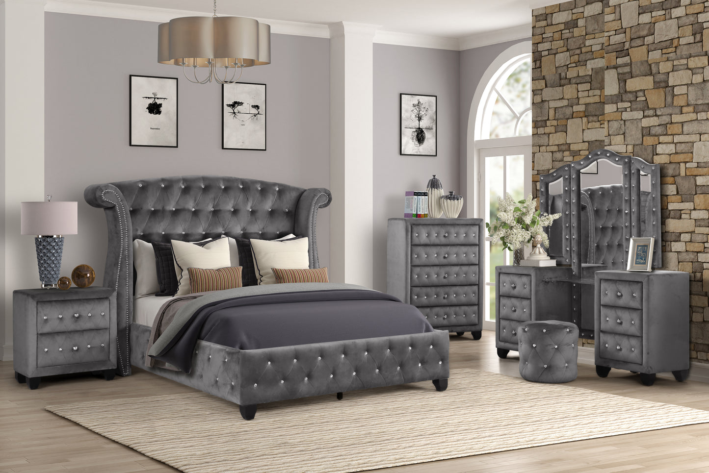 Gray velvet tufted king bed with crystal accents and plush pillows