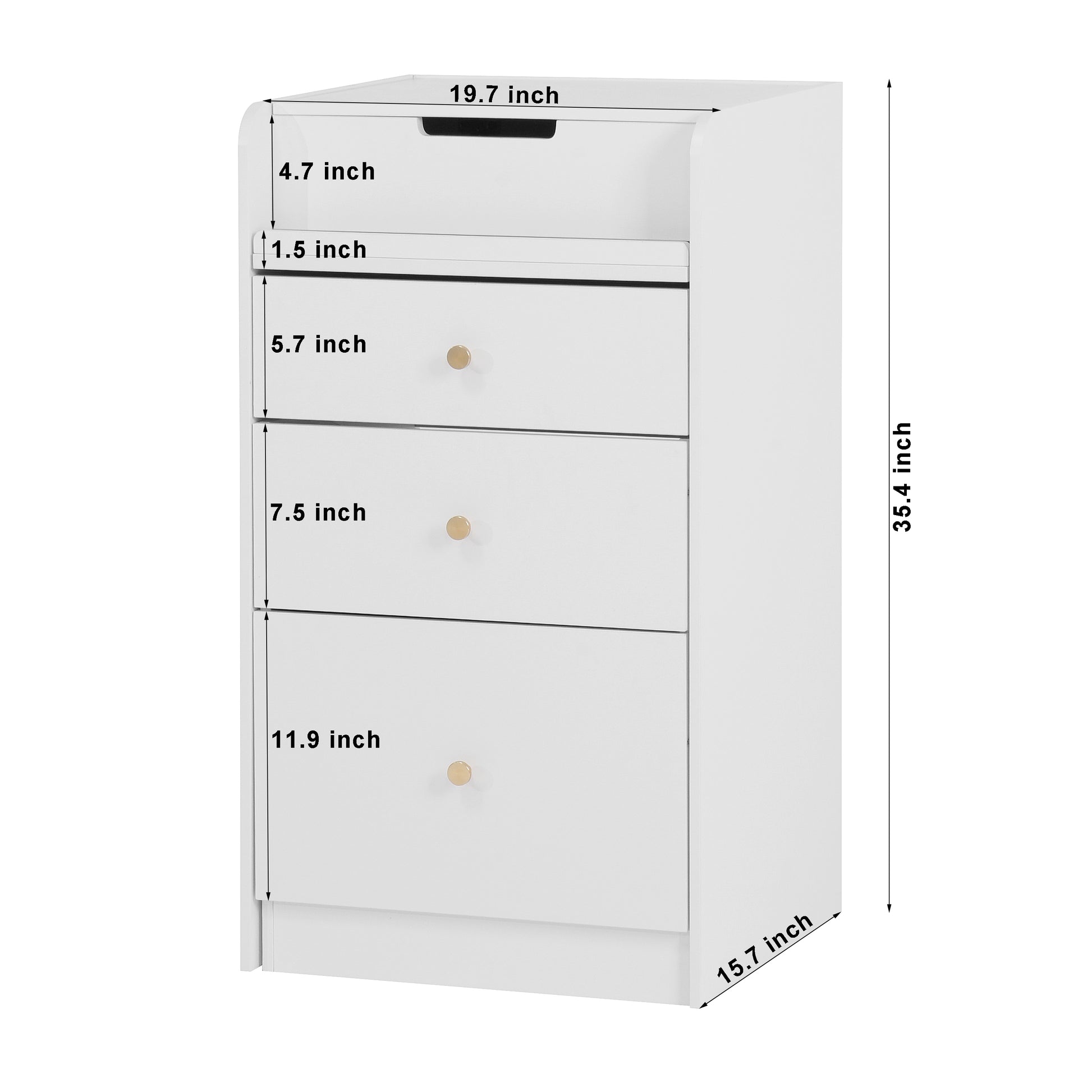 White threedrawer nightstand with gold knobs
