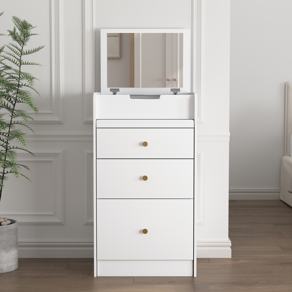 White vanity dresser with three drawers and a fliptop mirror