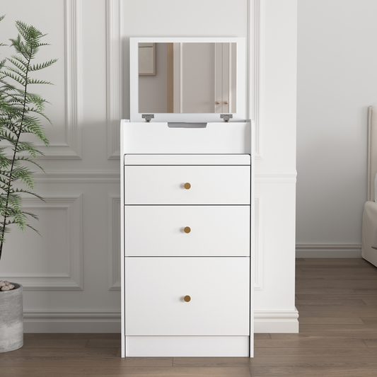 White vanity dresser with three drawers and a fliptop mirror