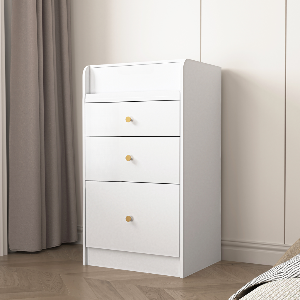 White drawer dresser with gold knobs in modern bedroom