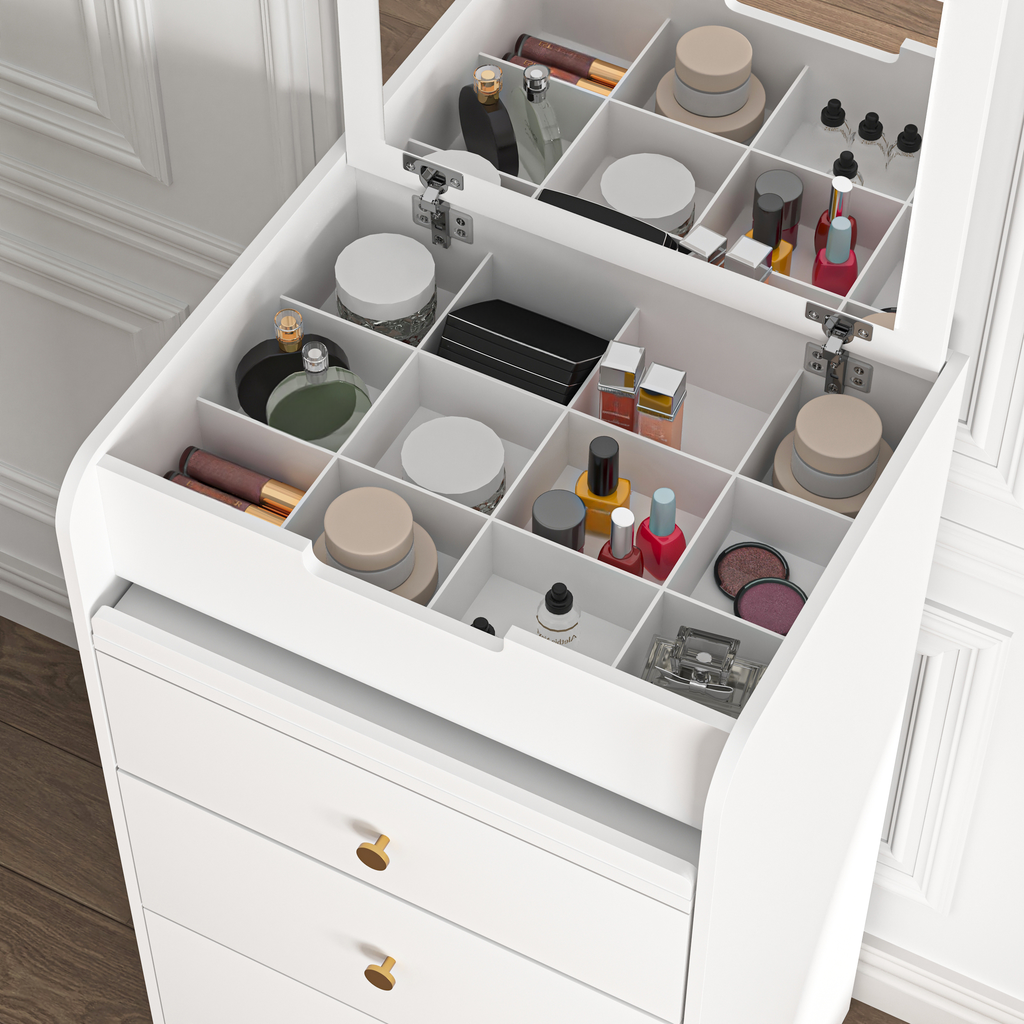 White makeup organizer with various beauty products