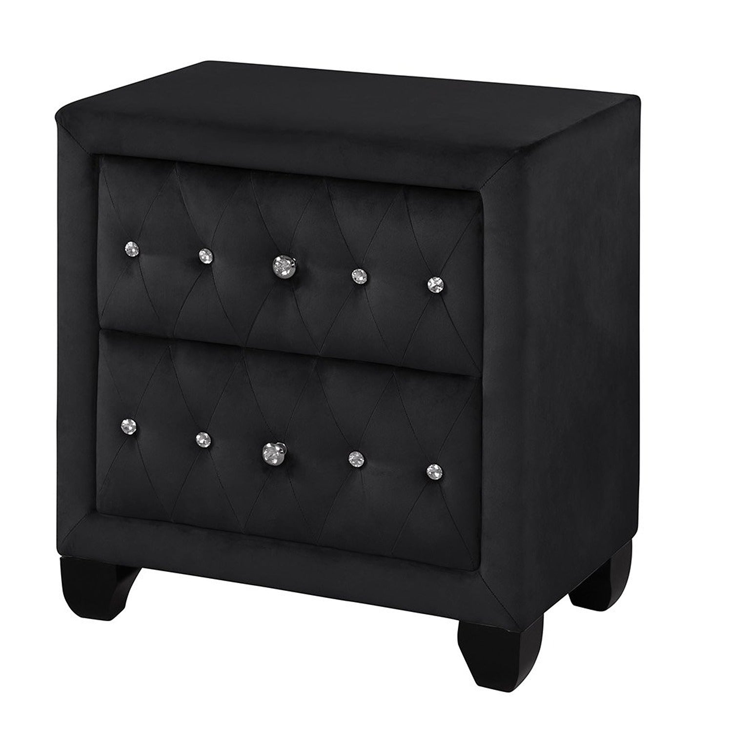 Black velvet nightstand with crystal button tufting and two drawers