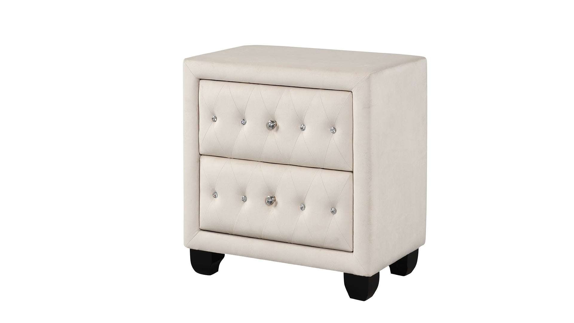 Cream velvet nightstand with crystalbutton tufted drawers and silver handles