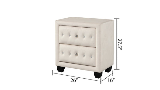 Cream velvet nightstand with diamond tufting and crystal knobs