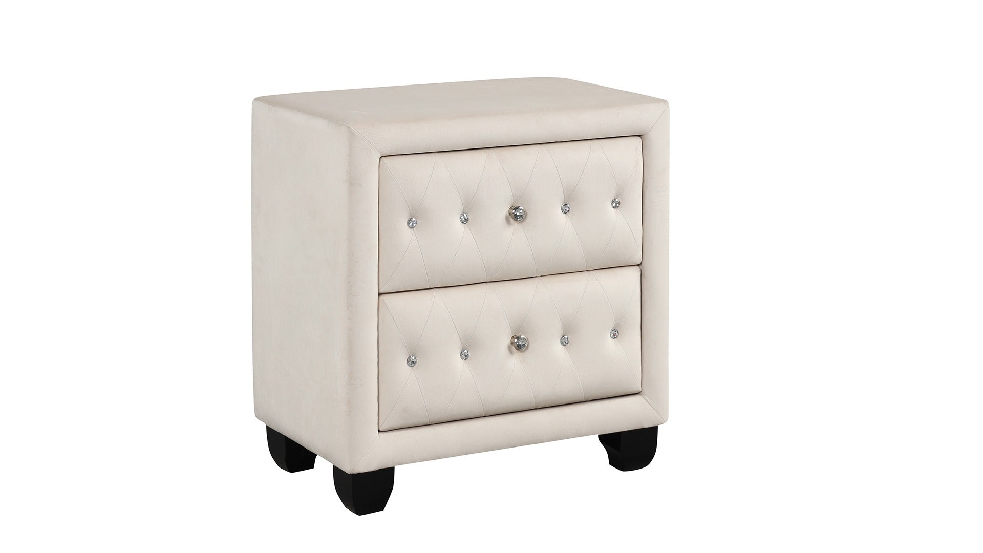 Cream velvet nightstand with diamond tufting and crystal knobs