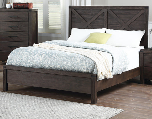 TREATLIFE HOME Queen Size Bed with X-Design Headboard, Rustic Contemporary Style, Wooden Frame, Espresso Finish
