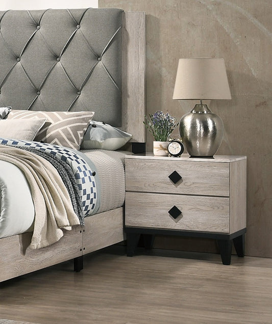 Light wood bedside table with two drawers featuring black diamond pulls